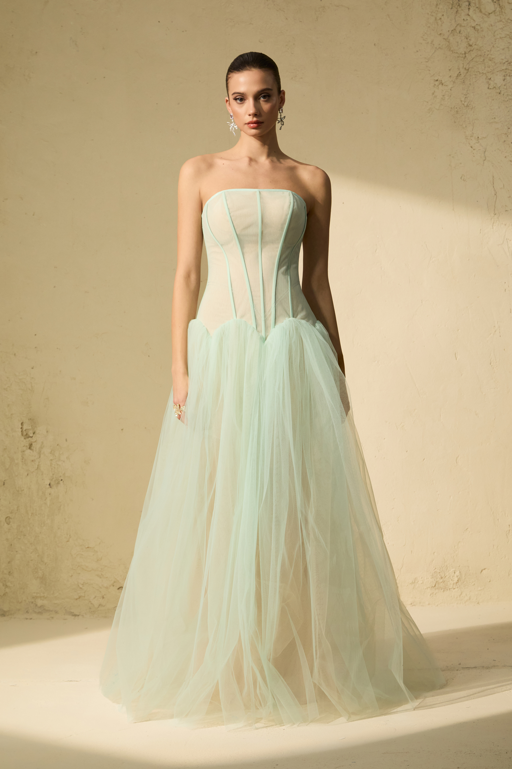 Enchanting Lady Green Corset Bodice Tulle Maxi Dress