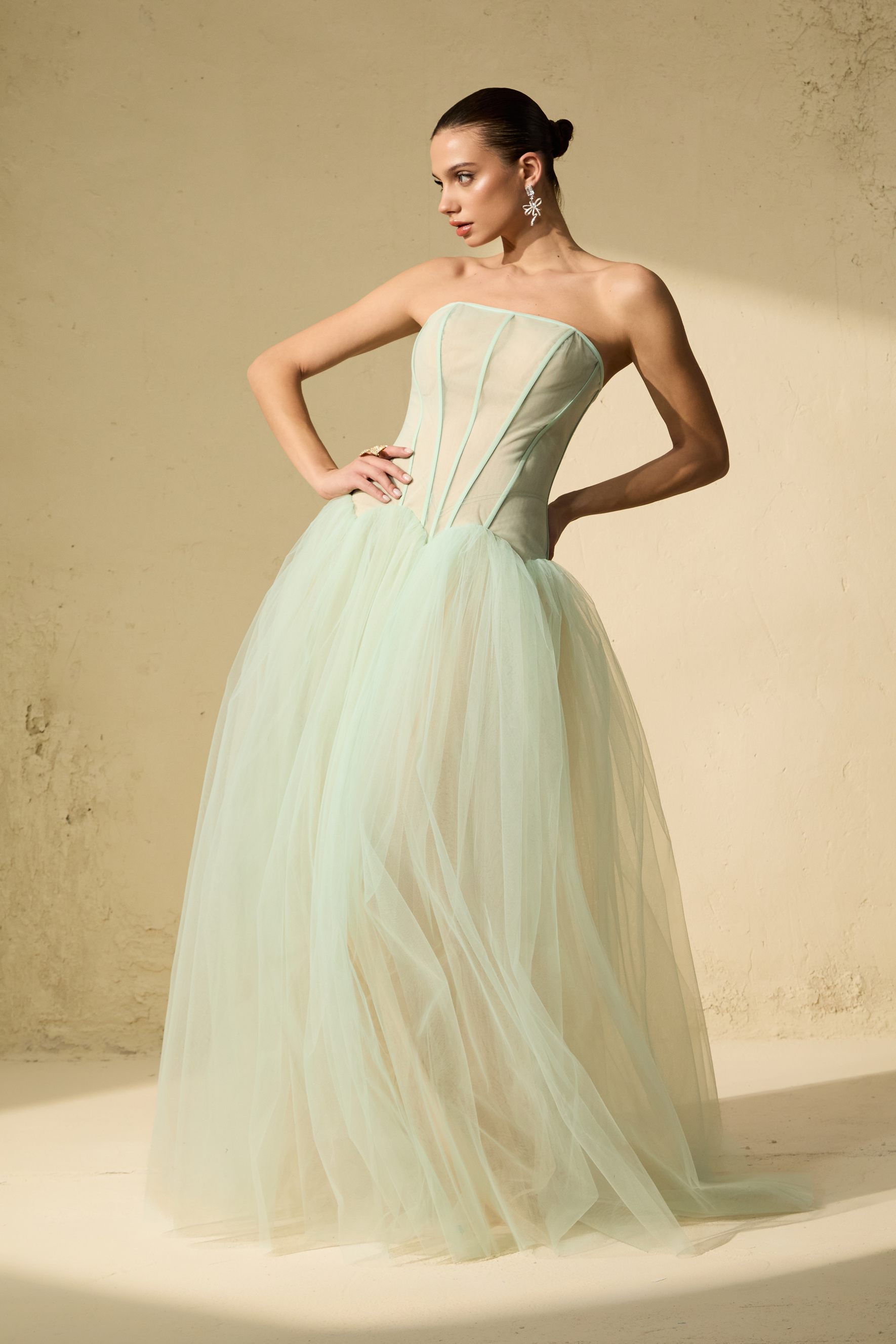 Enchanting Lady Green Corset Bodice Tulle Maxi Dress