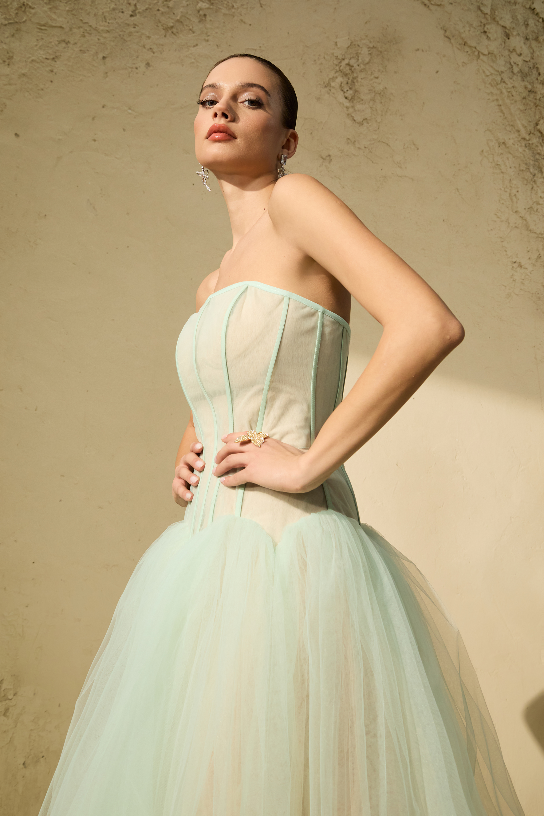 Enchanting Lady Green Corset Bodice Tulle Maxi Dress