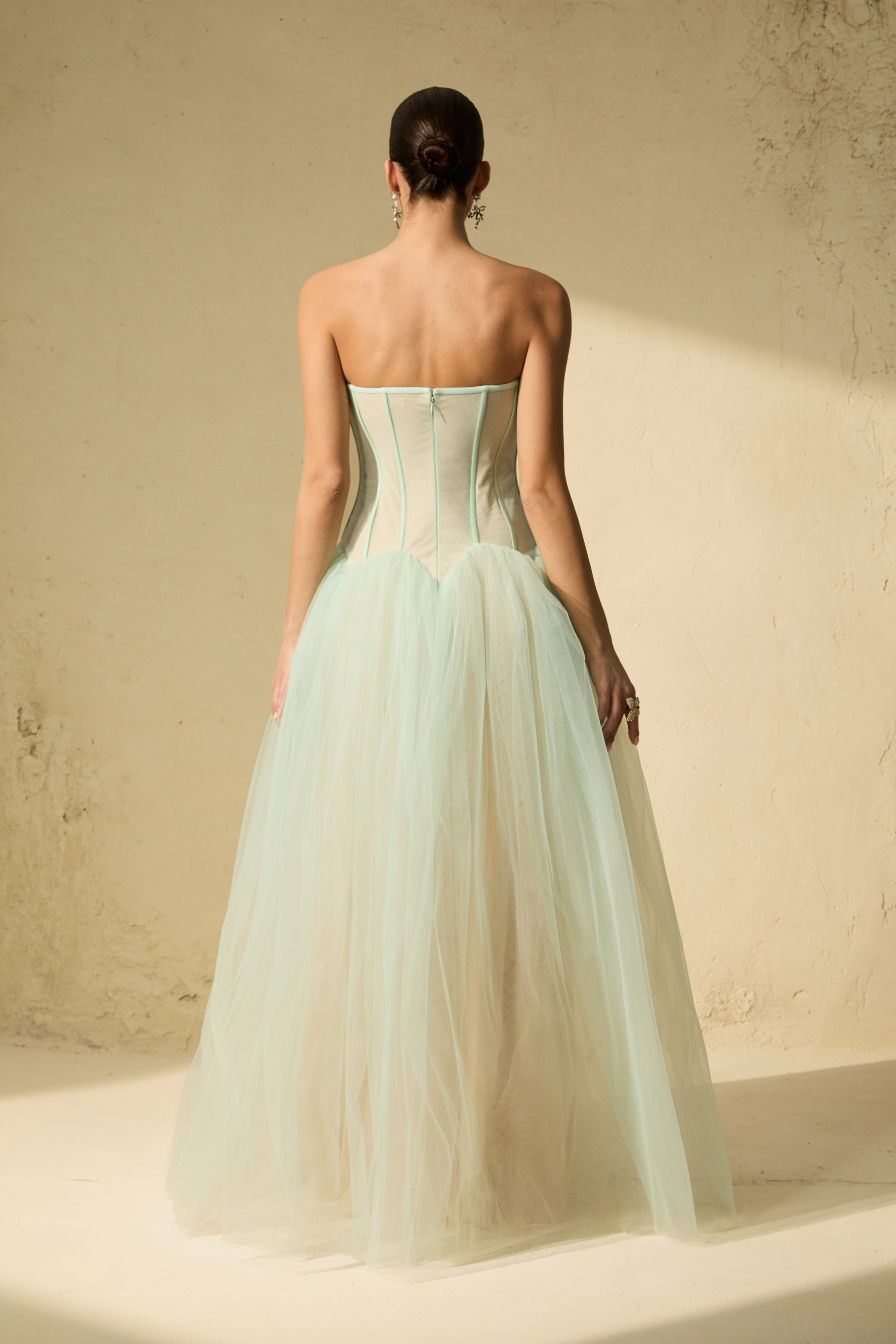 Enchanting Lady Green Corset Bodice Tulle Maxi Dress