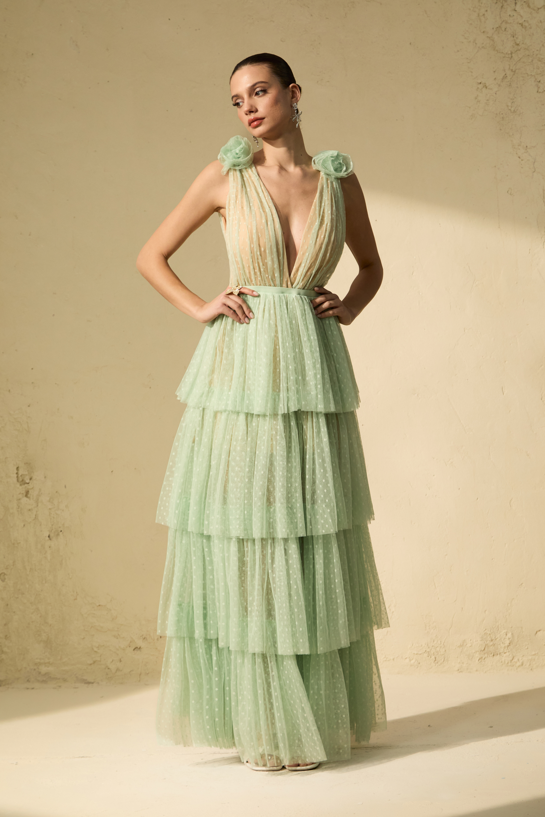 Won Your Heart Green Deep V-Neck Tiered Maxi Dress