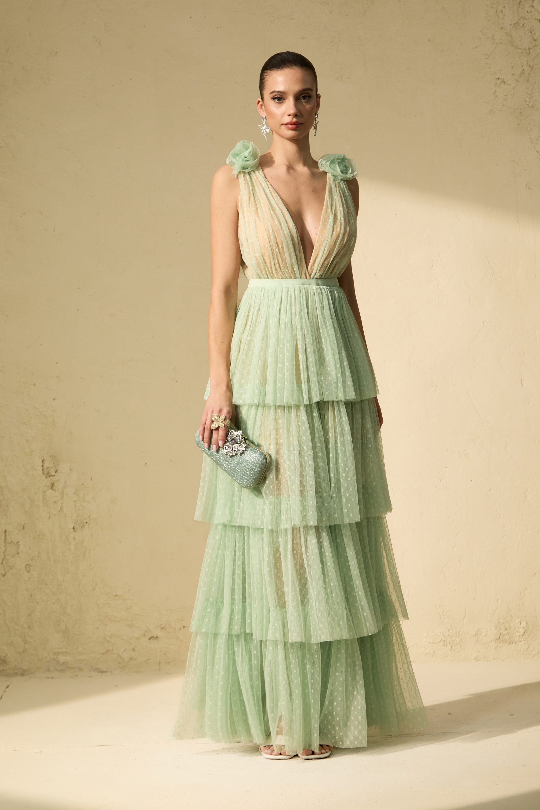 Won Your Heart Green Deep V-Neck Tiered Maxi Dress