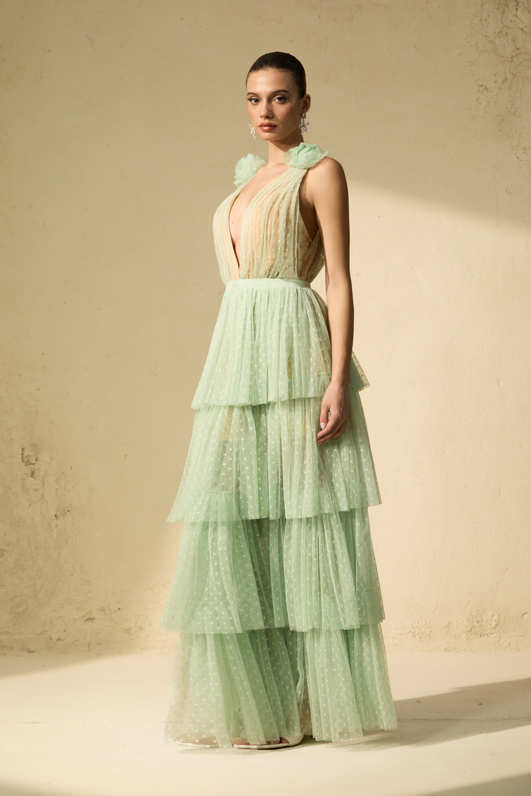 Won Your Heart Green Deep V-Neck Tiered Maxi Dress