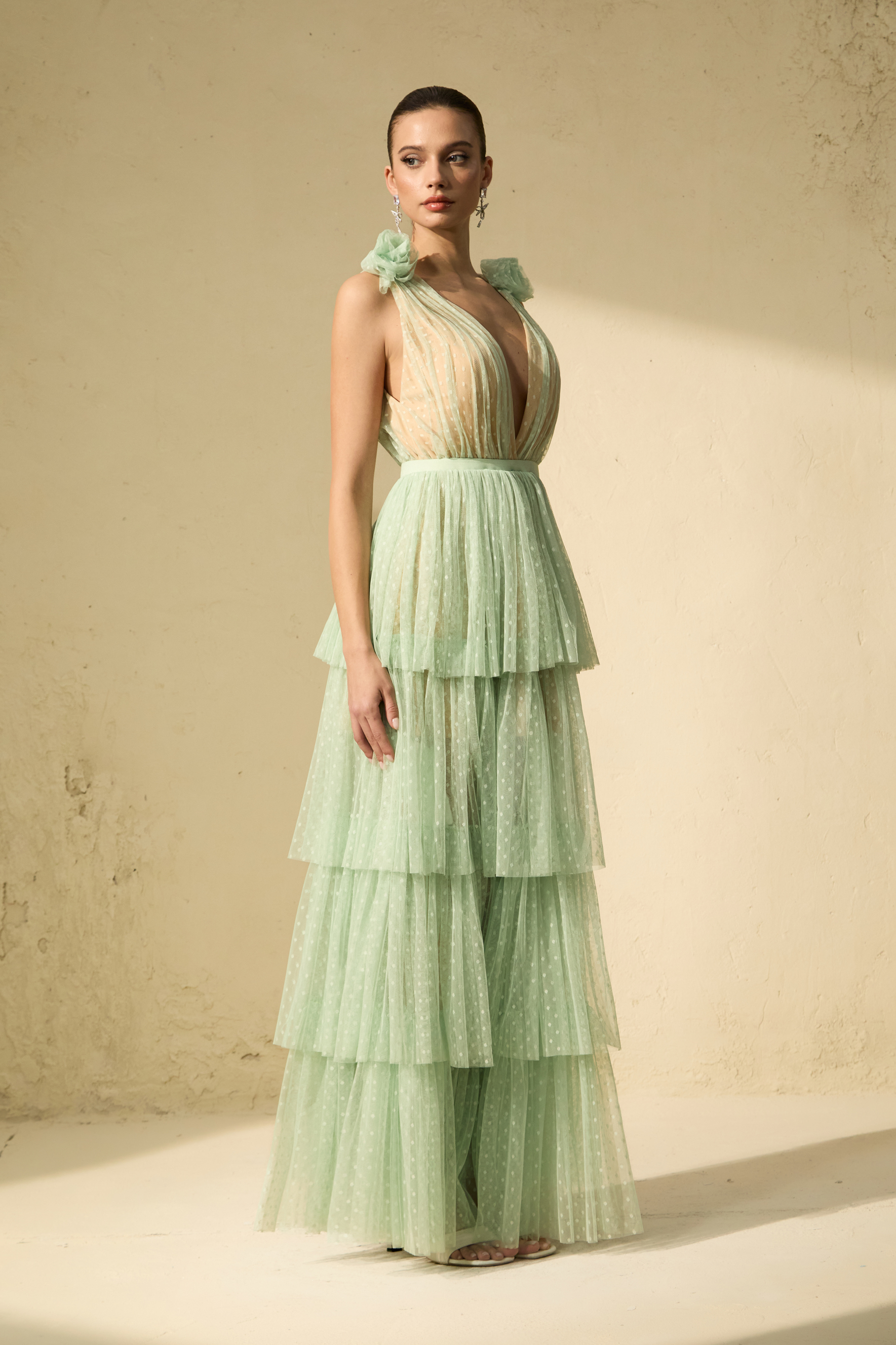 Won Your Heart Green Deep V-Neck Tiered Maxi Dress