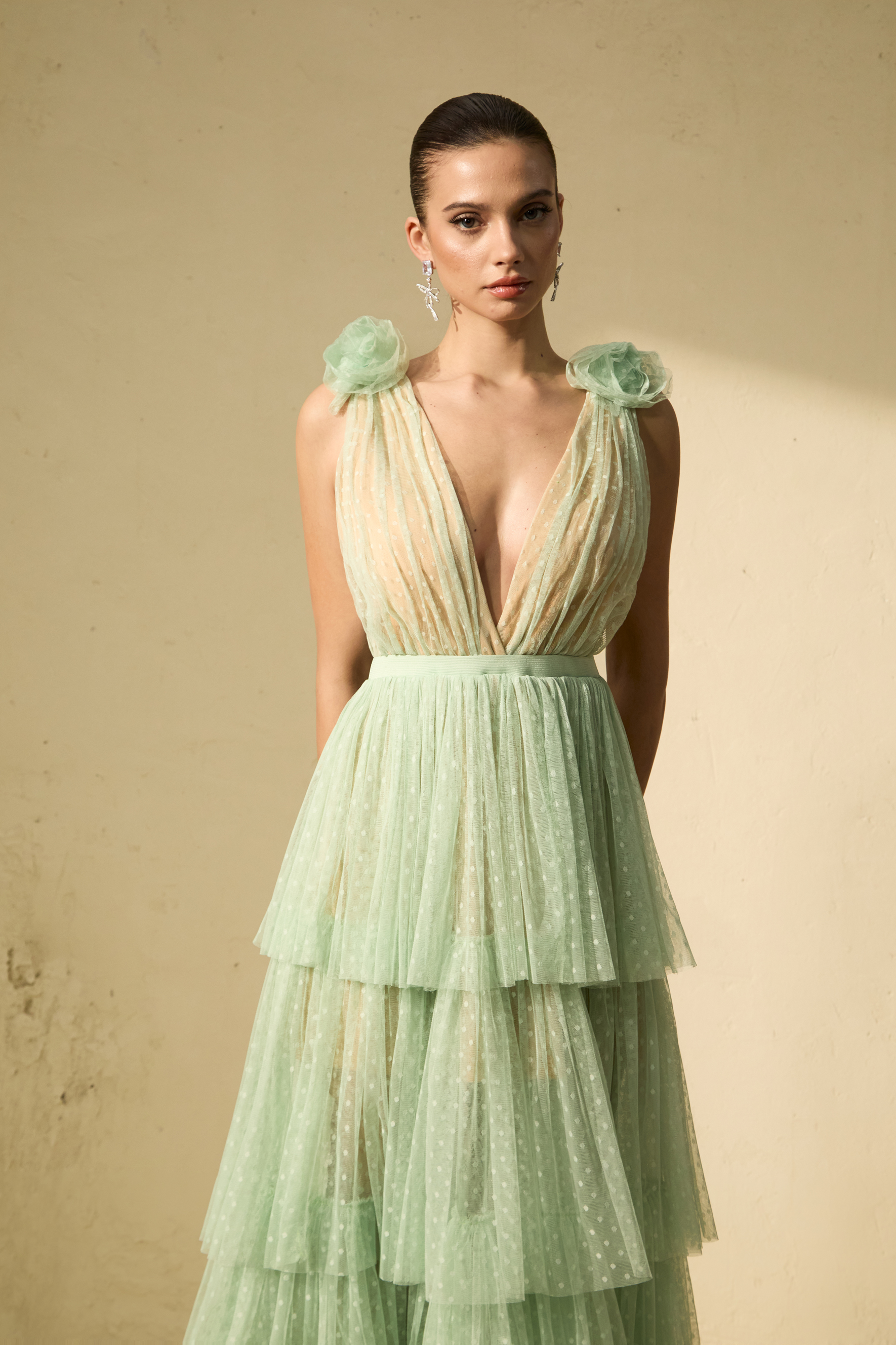 Won Your Heart Green Deep V-Neck Tiered Maxi Dress