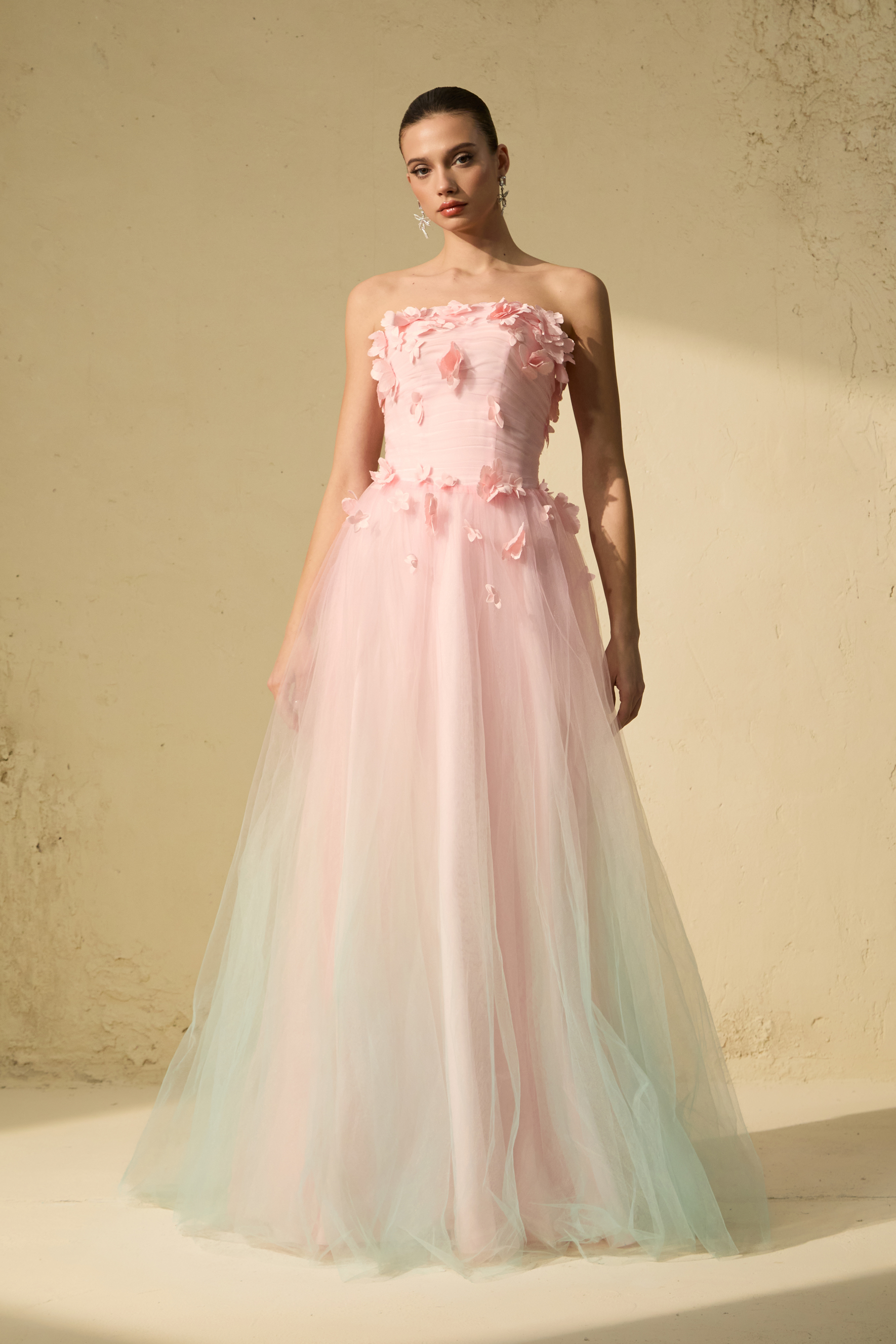 Soul Lover Pink Floral Applique Strapless Tulle Maxi Dress