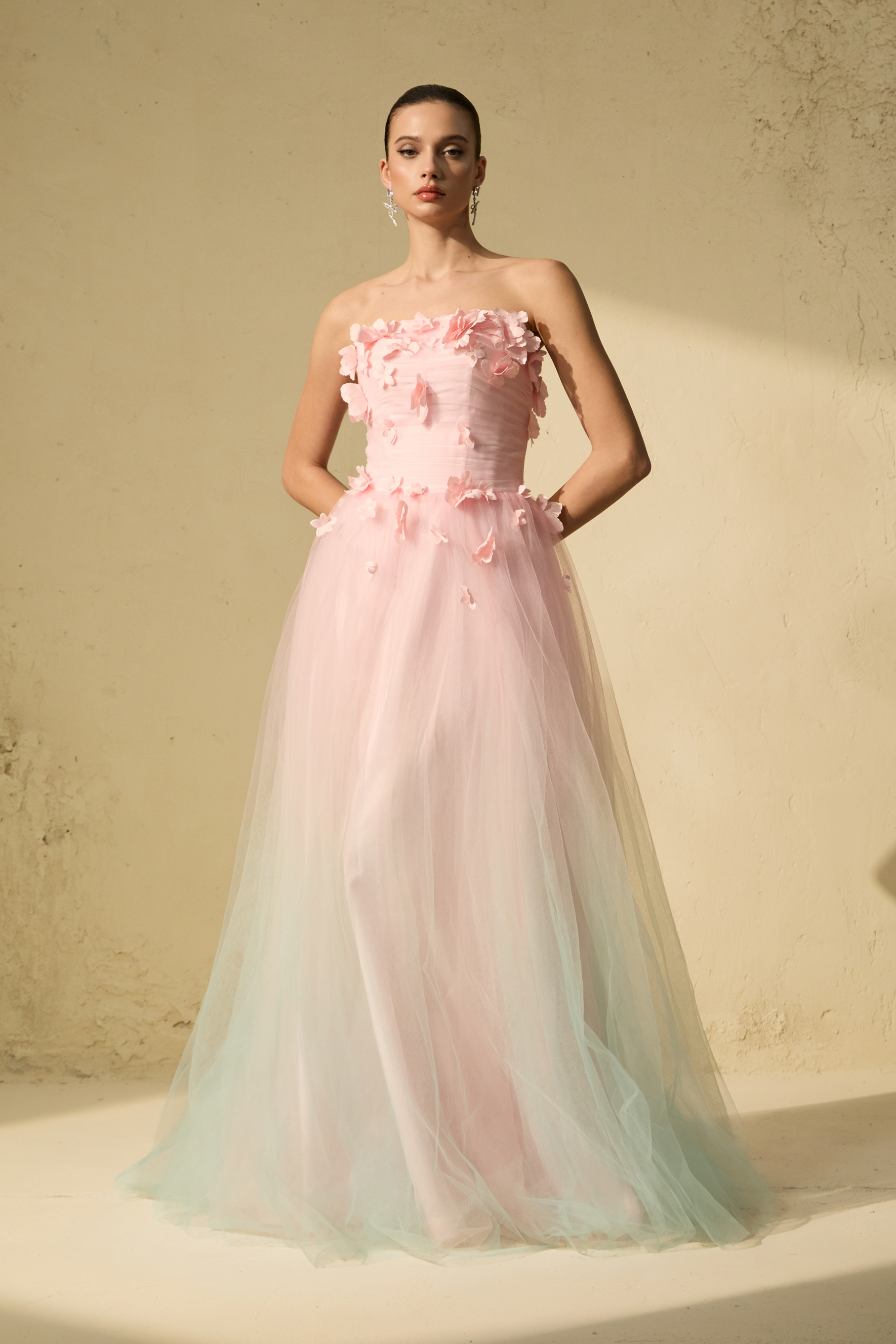 Soul Lover Pink Floral Applique Strapless Tulle Maxi Dress