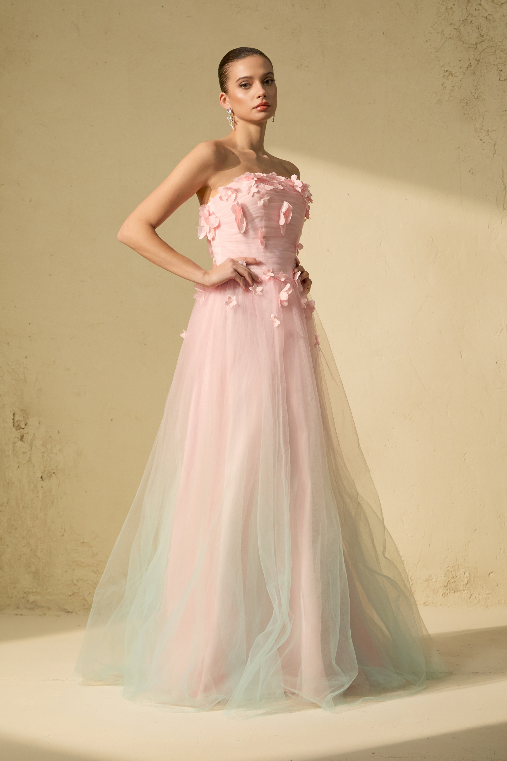 Soul Lover Pink Floral Applique Strapless Tulle Maxi Dress
