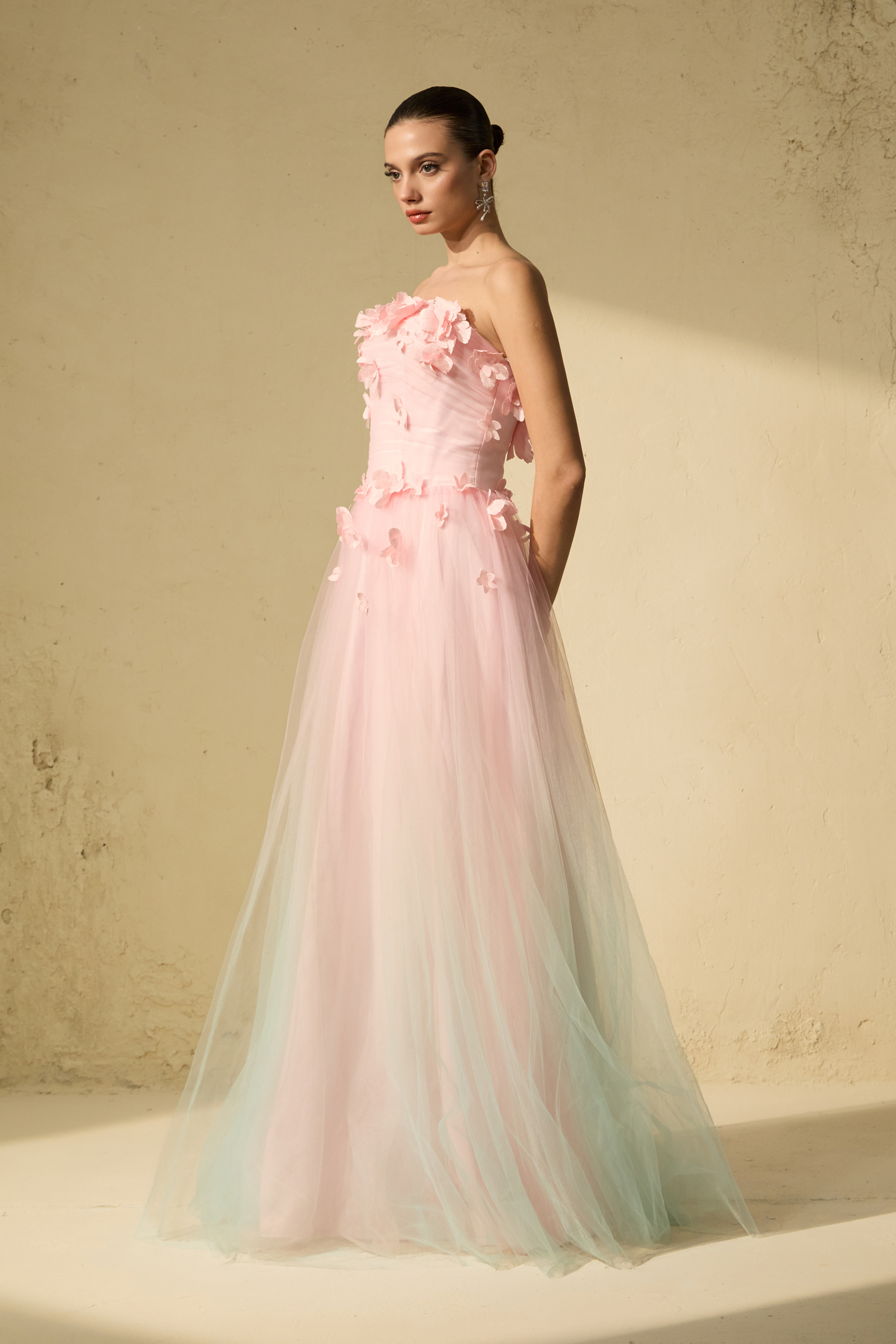 Soul Lover Pink Floral Applique Strapless Tulle Maxi Dress