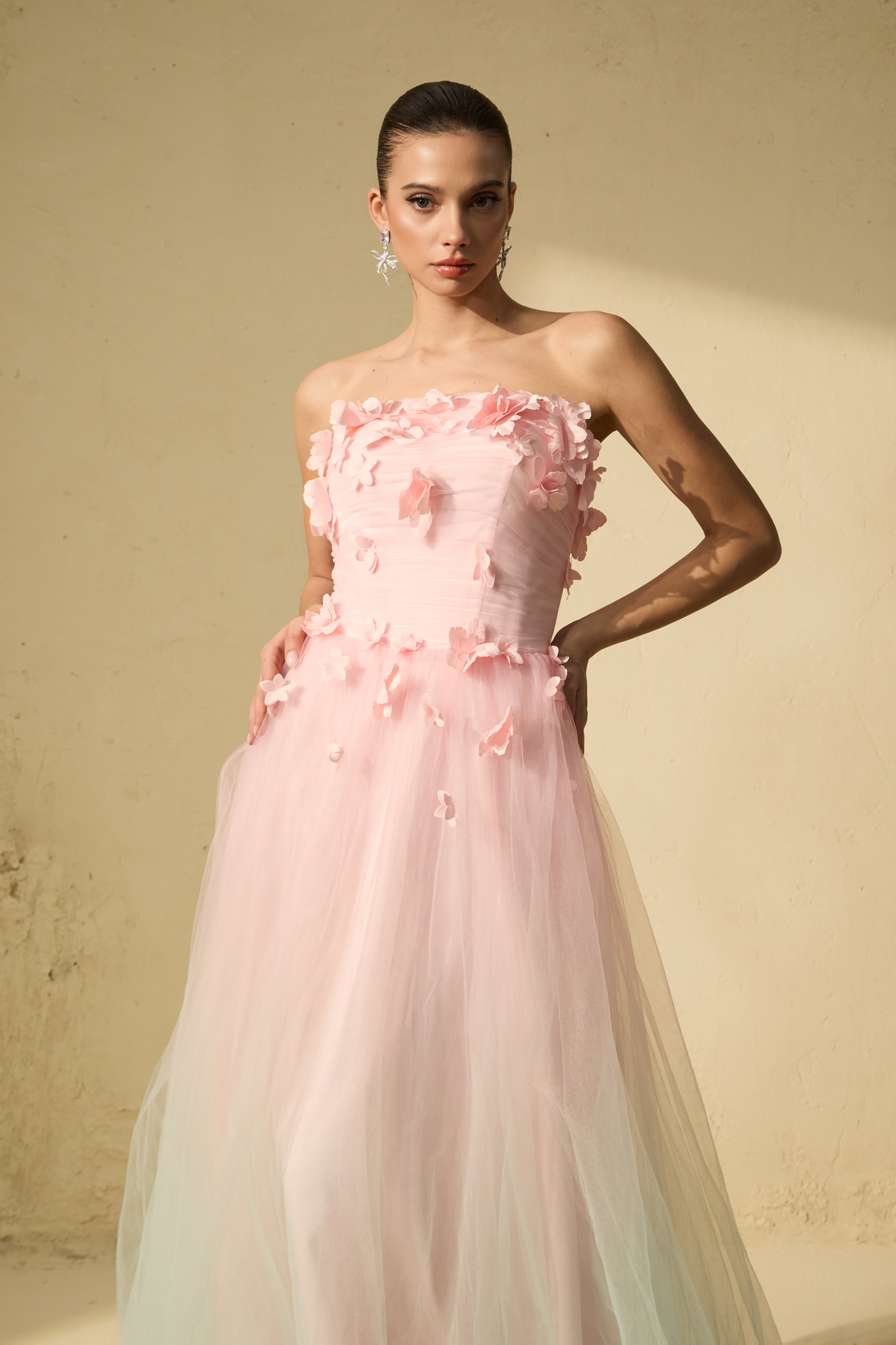 Soul Lover Pink Floral Applique Strapless Tulle Maxi Dress
