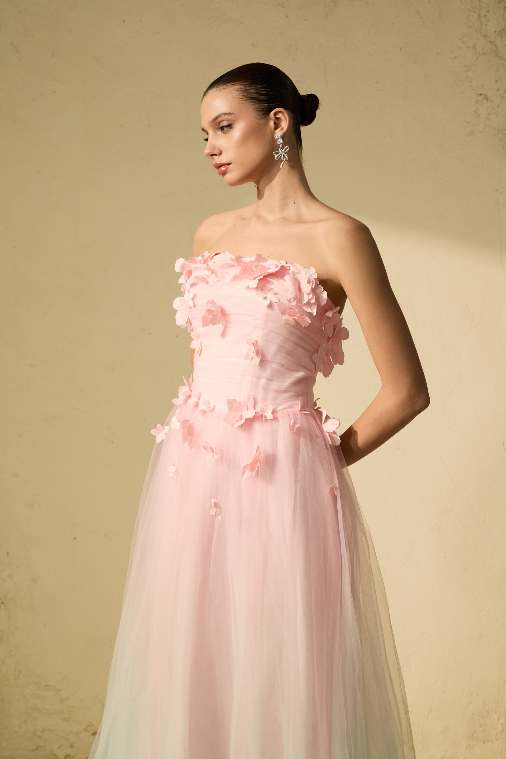 Soul Lover Pink Floral Applique Strapless Tulle Maxi Dress