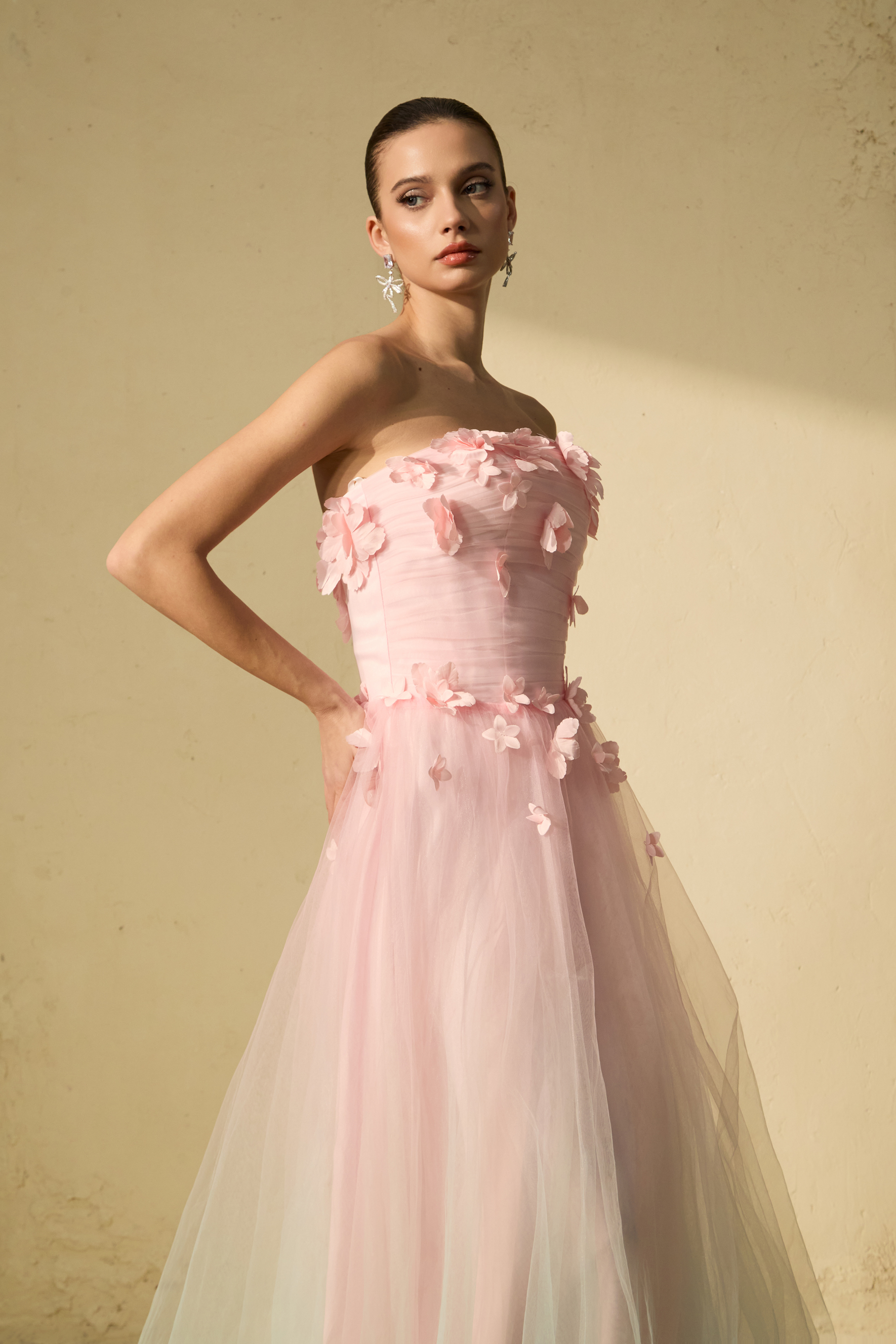 Soul Lover Pink Floral Applique Strapless Tulle Maxi Dress