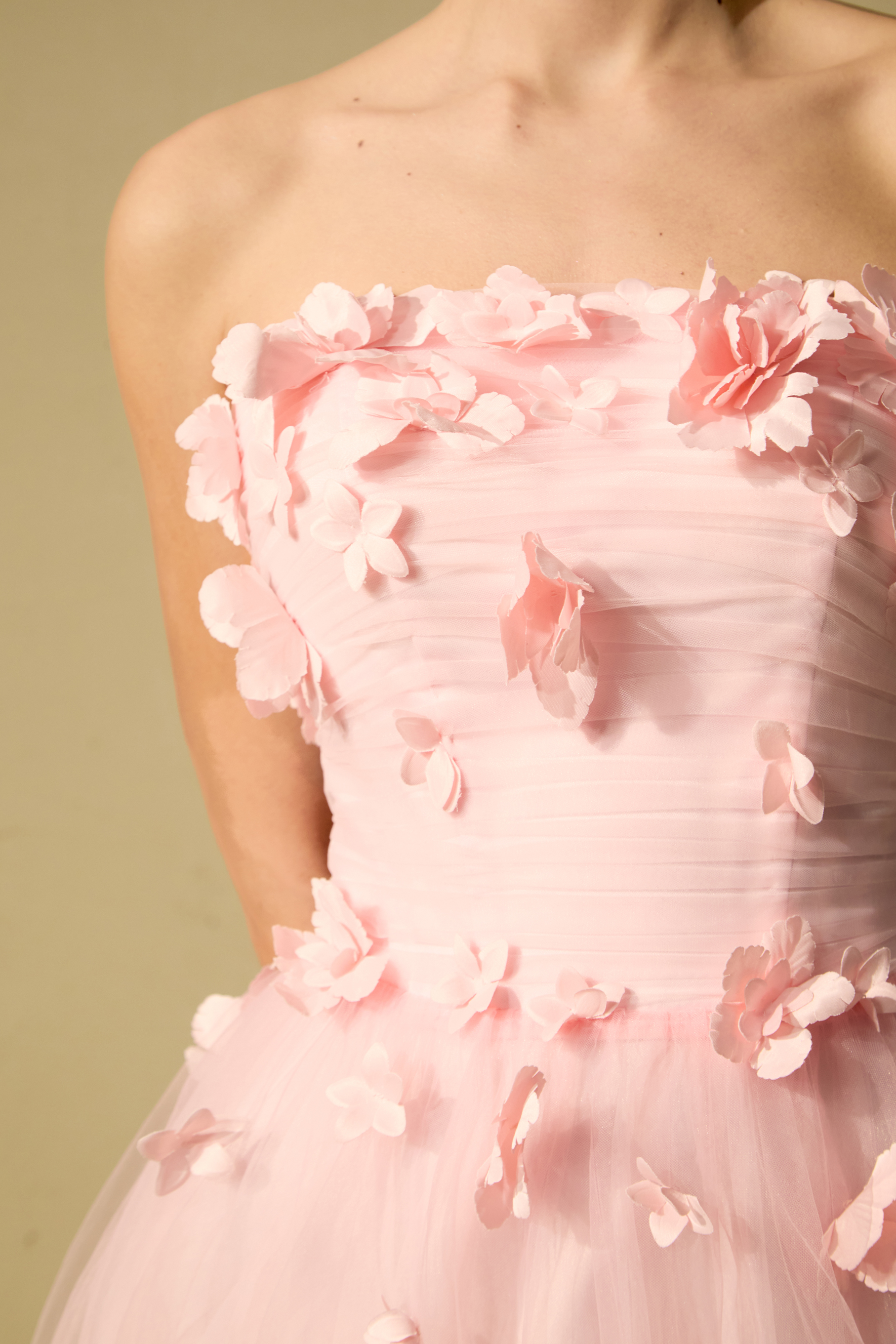 Soul Lover Pink Floral Applique Strapless Tulle Maxi Dress