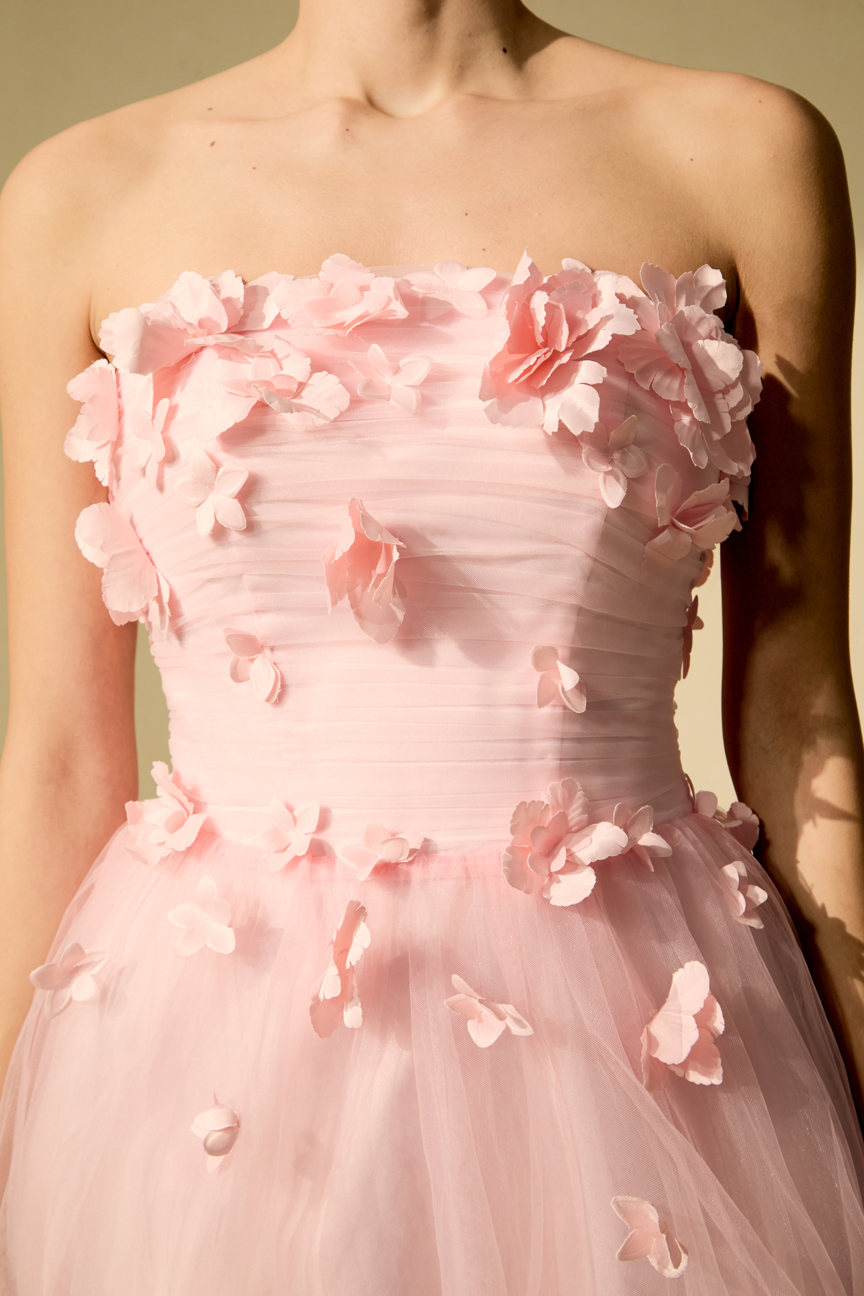 Soul Lover Pink Floral Applique Strapless Tulle Maxi Dress