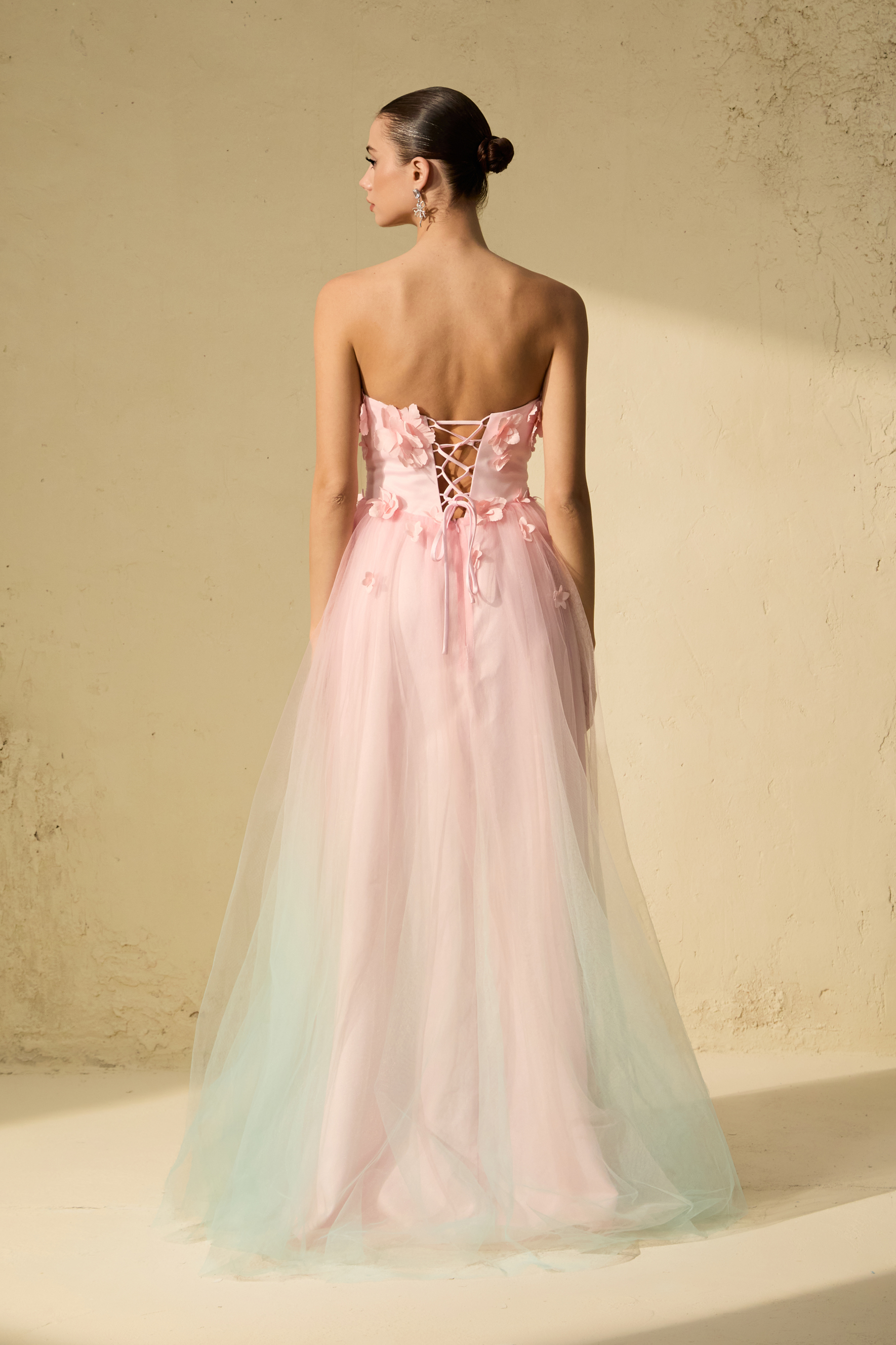 Soul Lover Pink Floral Applique Strapless Tulle Maxi Dress