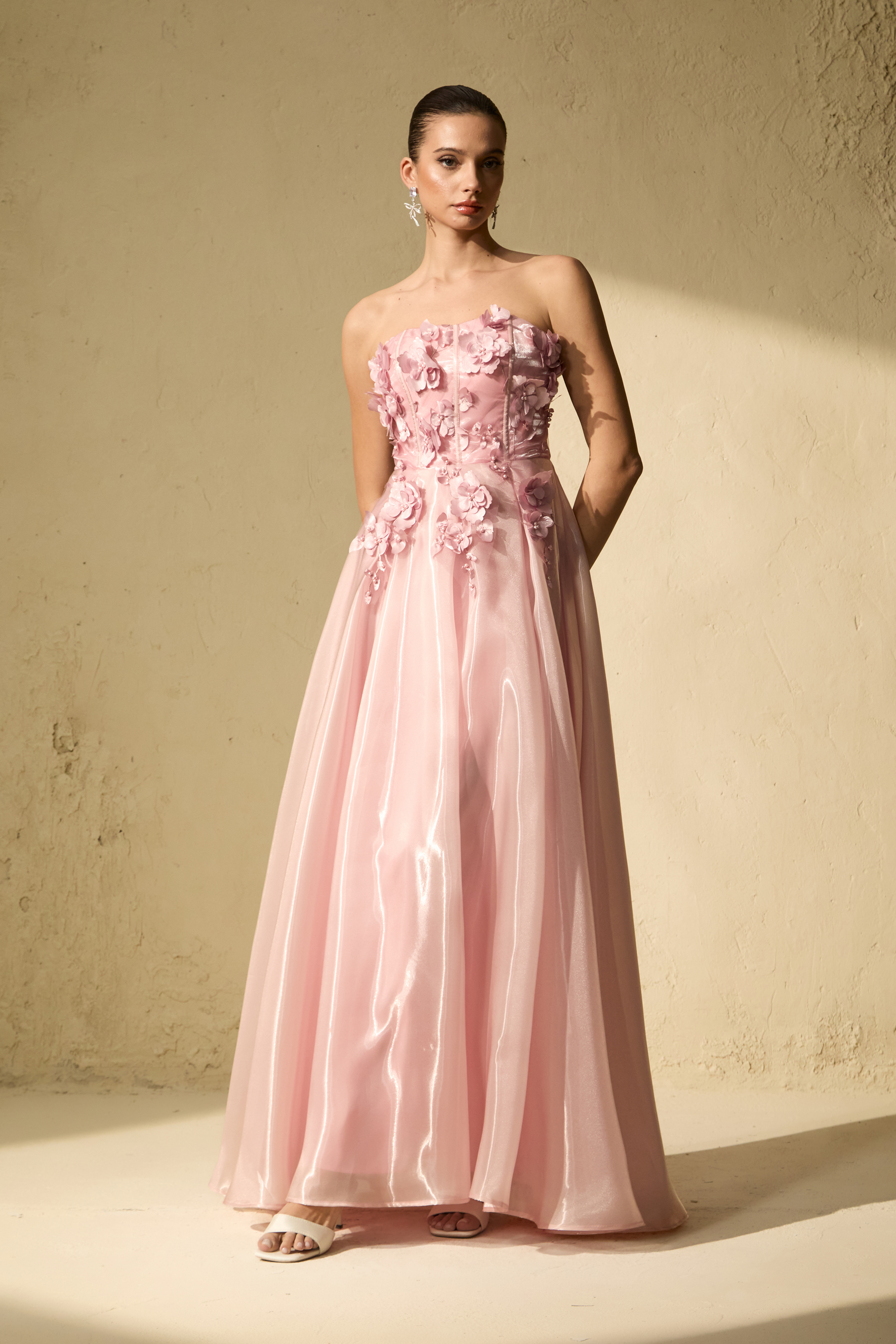 Cupid Crush Pink Strapless Floral Applique Maxi Dress