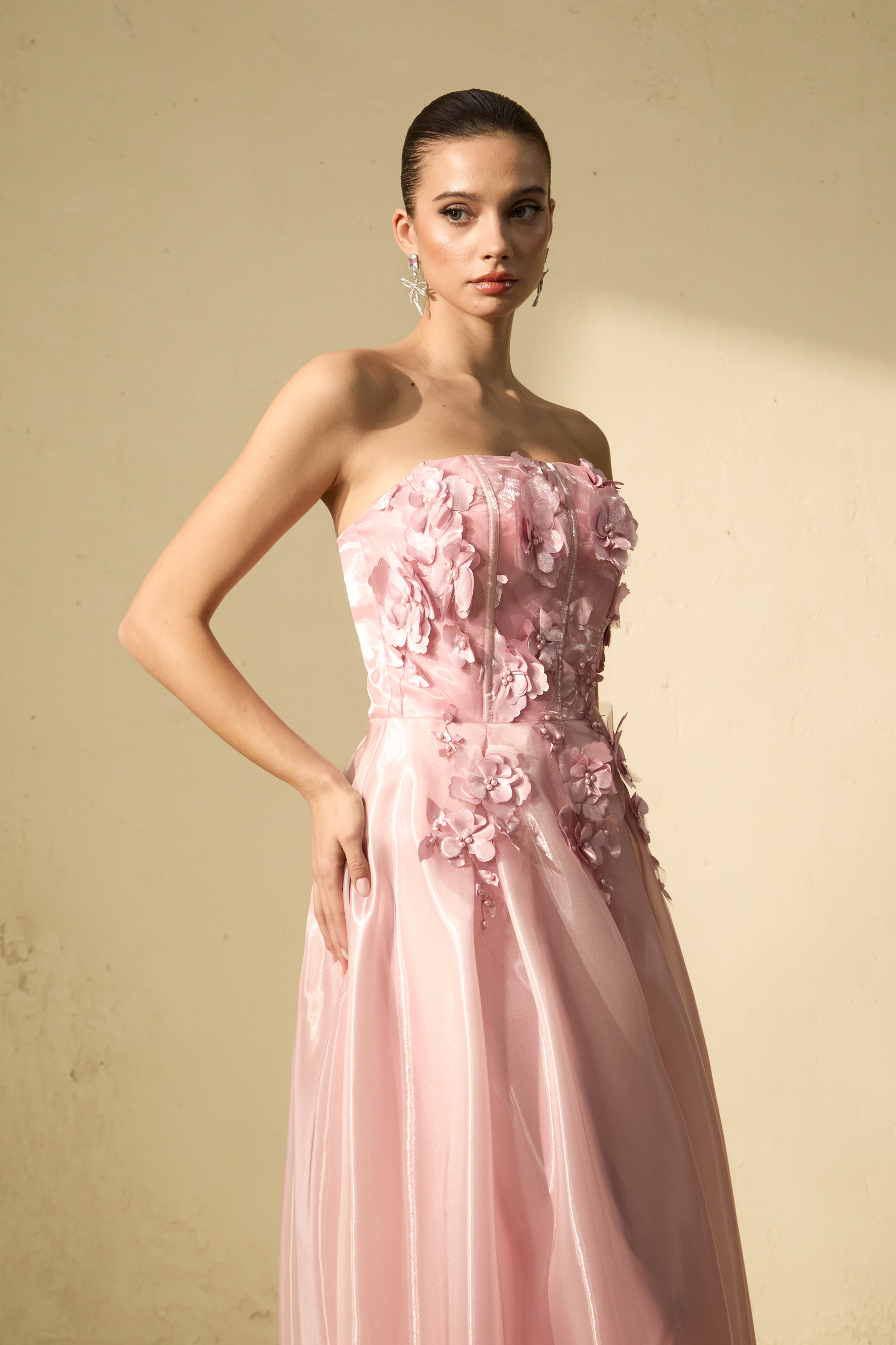 Cupid Crush Pink Strapless Floral Applique Maxi Dress