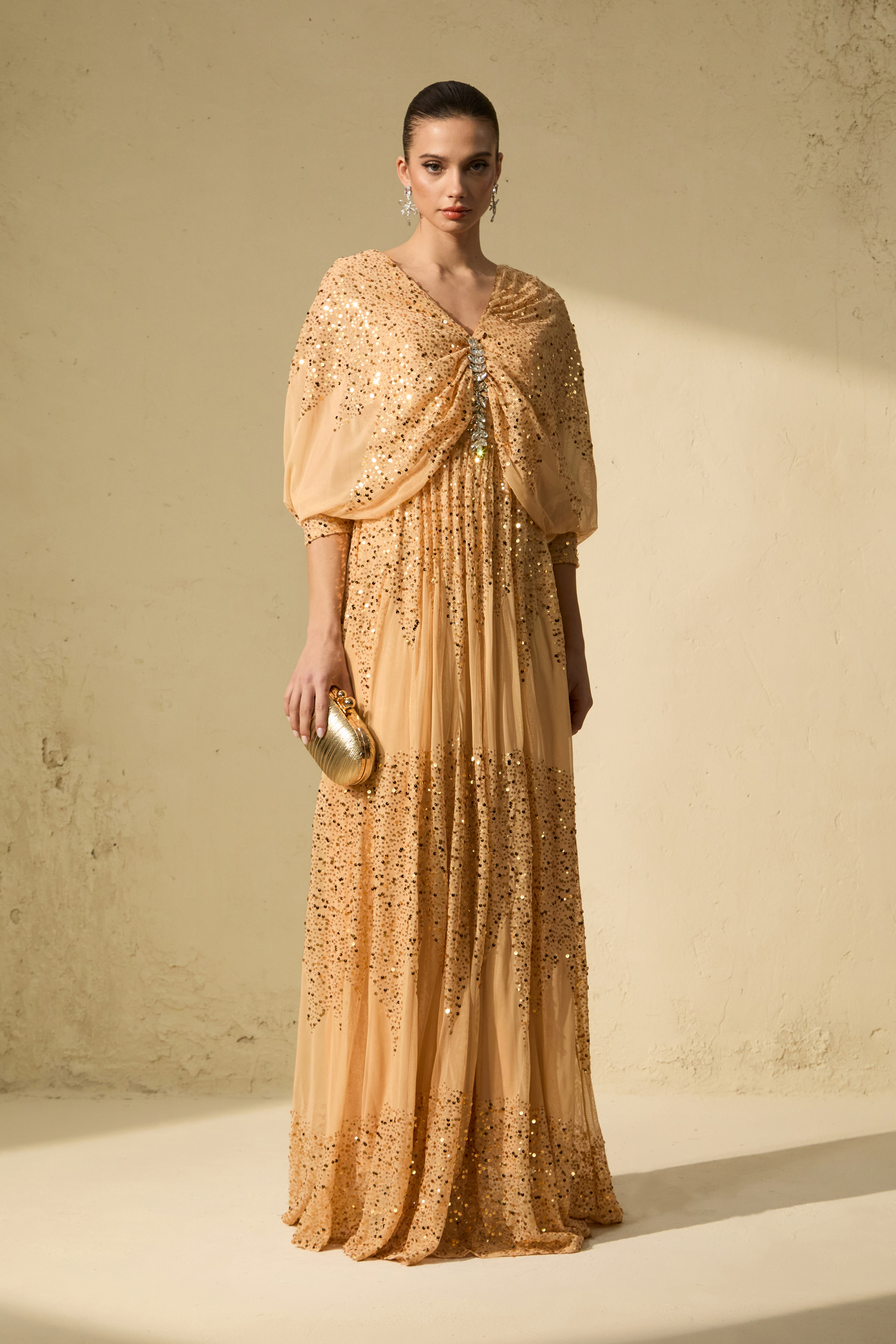 Evening Of Wonder Champagne Gold Sequin Embellished V-Neck Maxi Dress