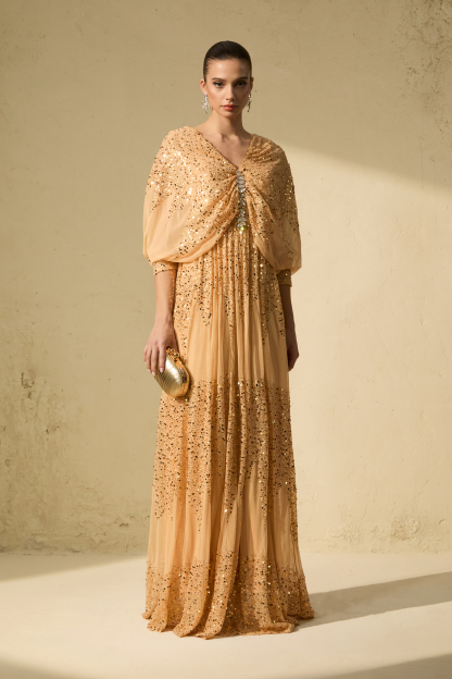 Evening Of Wonder Champagne Gold Sequin Embellished V-Neck Maxi Dress
