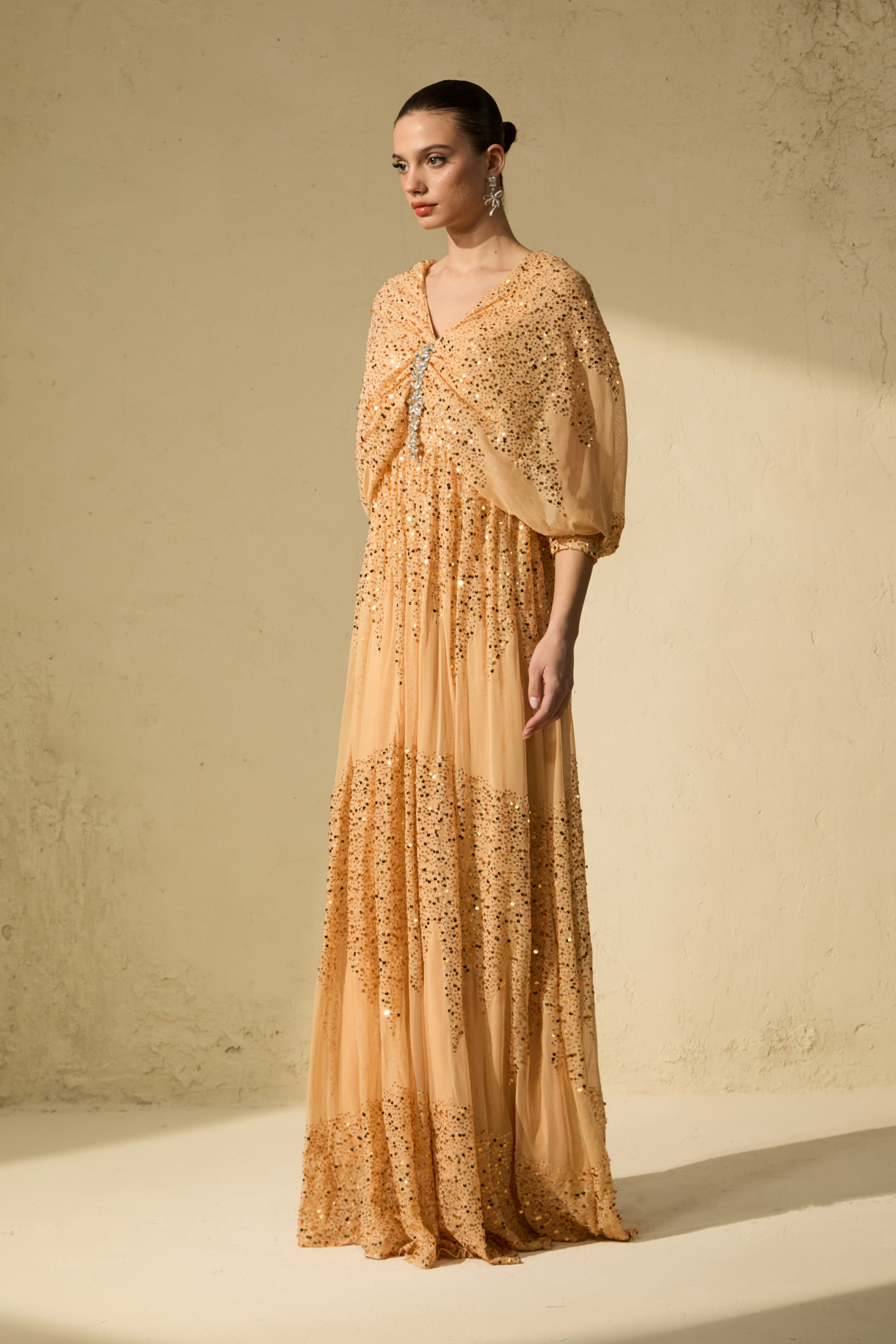 Evening Of Wonder Champagne Gold Sequin Embellished V-Neck Maxi Dress