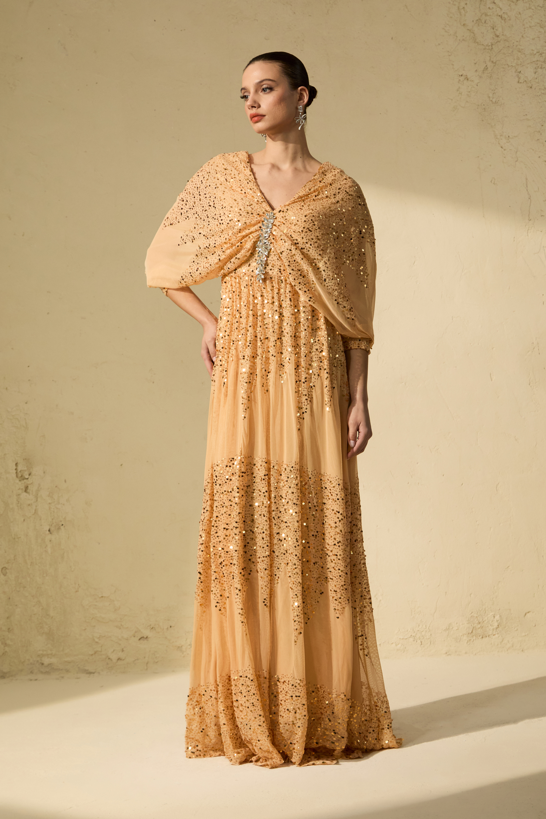Evening Of Wonder Champagne Gold Sequin Embellished V-Neck Maxi Dress