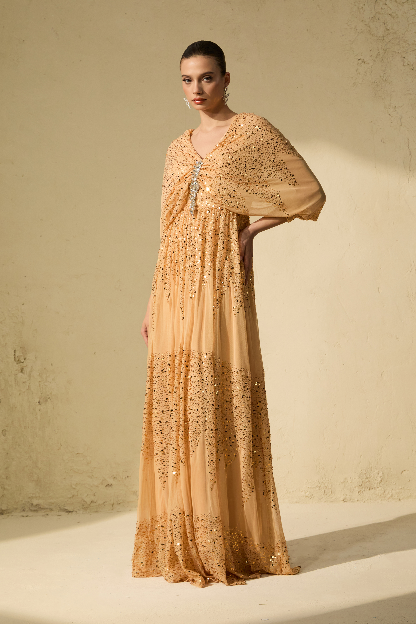 Evening Of Wonder Champagne Gold Sequin Embellished V-Neck Maxi Dress