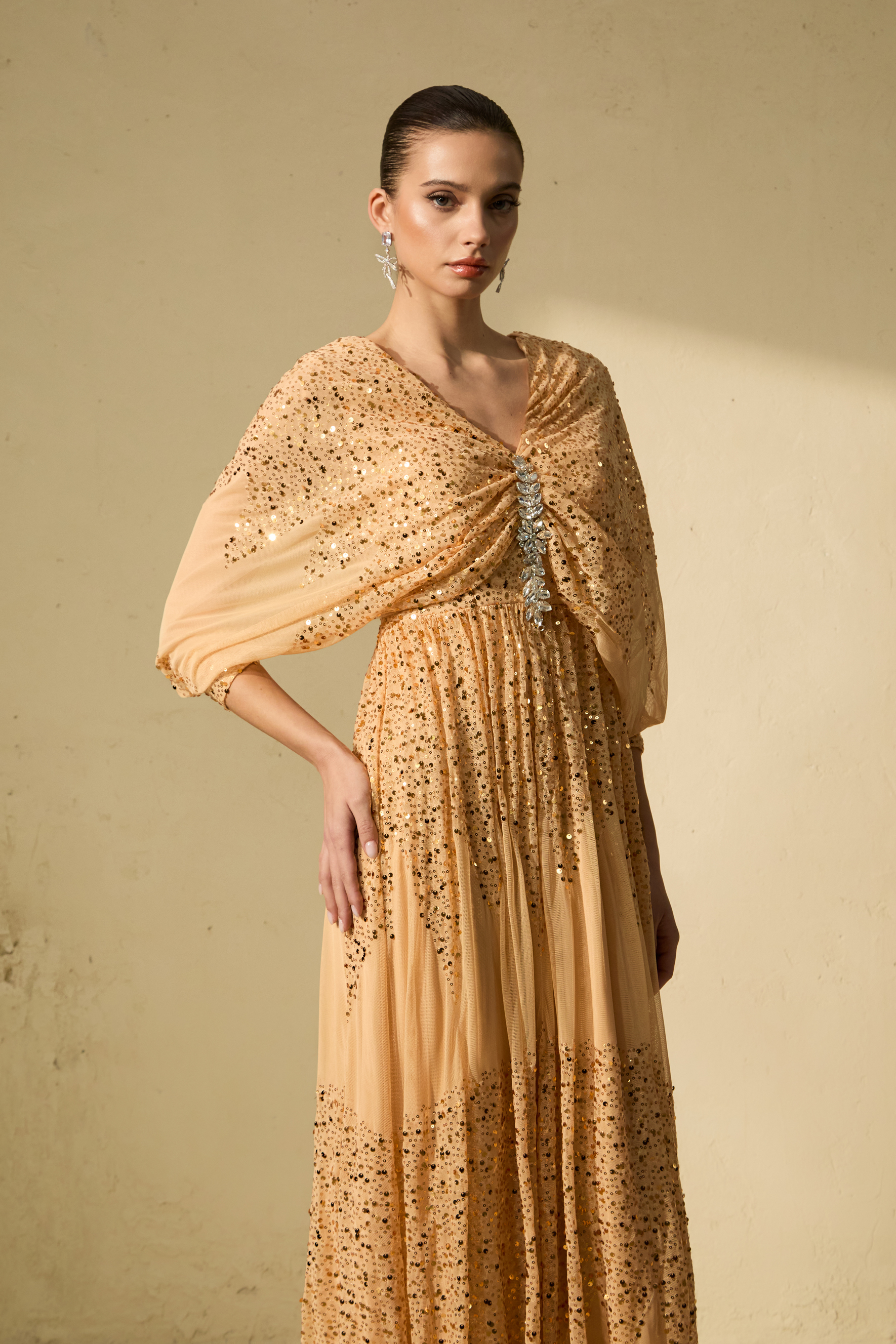 Evening Of Wonder Champagne Gold Sequin Embellished V-Neck Maxi Dress