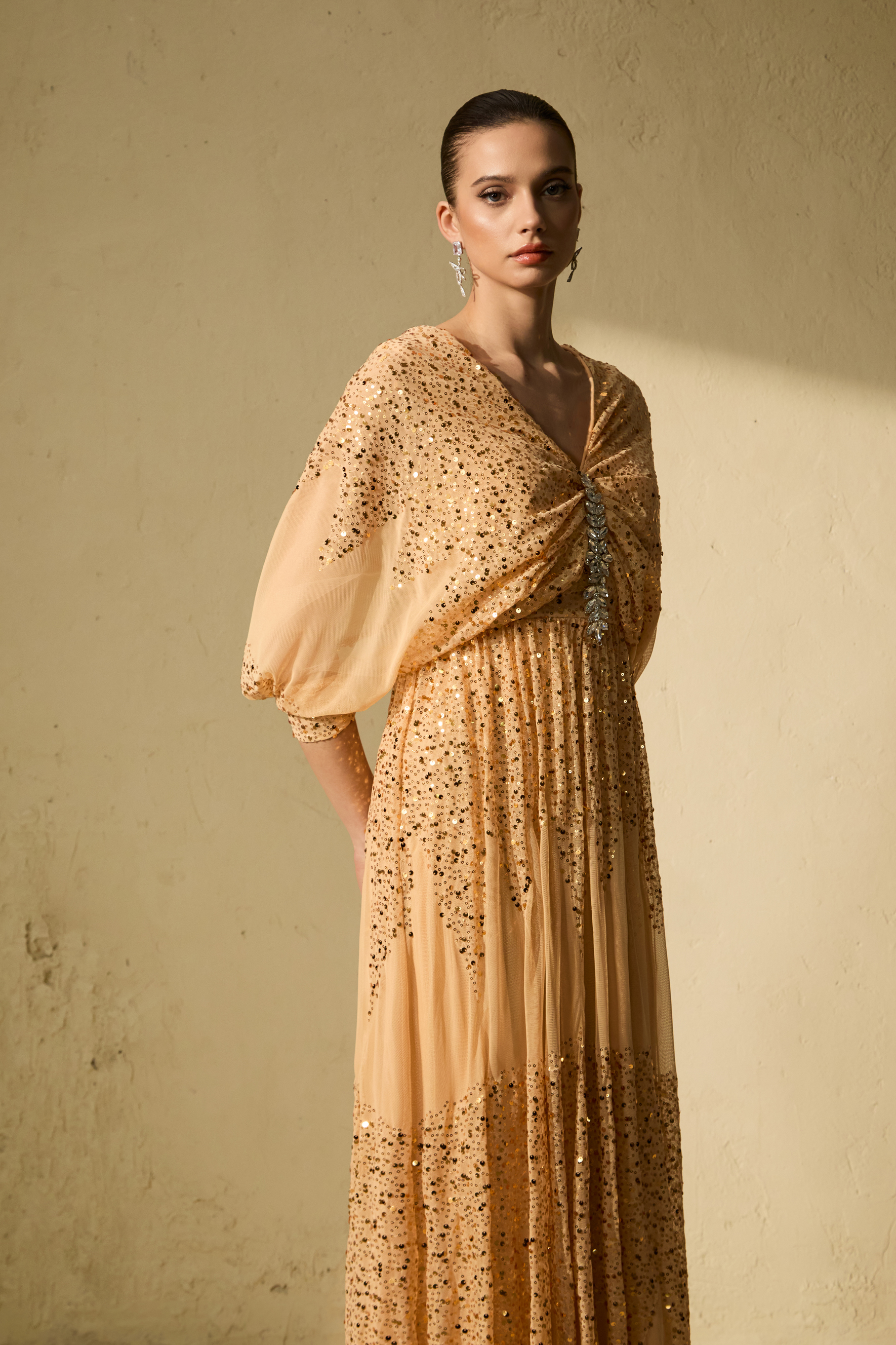 Evening Of Wonder Champagne Gold Sequin Embellished V-Neck Maxi Dress
