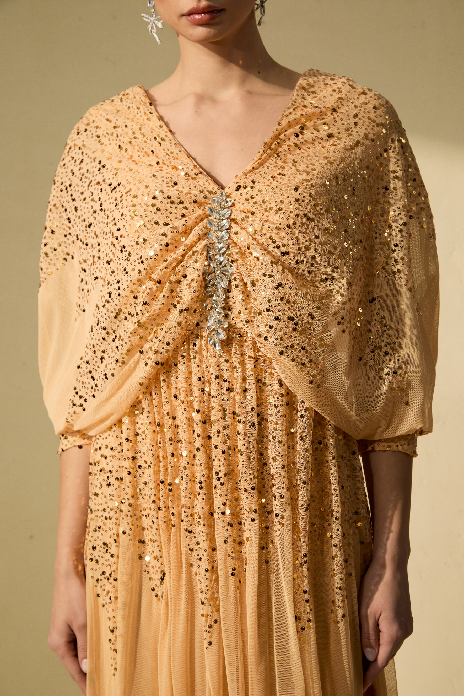 Evening Of Wonder Champagne Gold Sequin Embellished V-Neck Maxi Dress