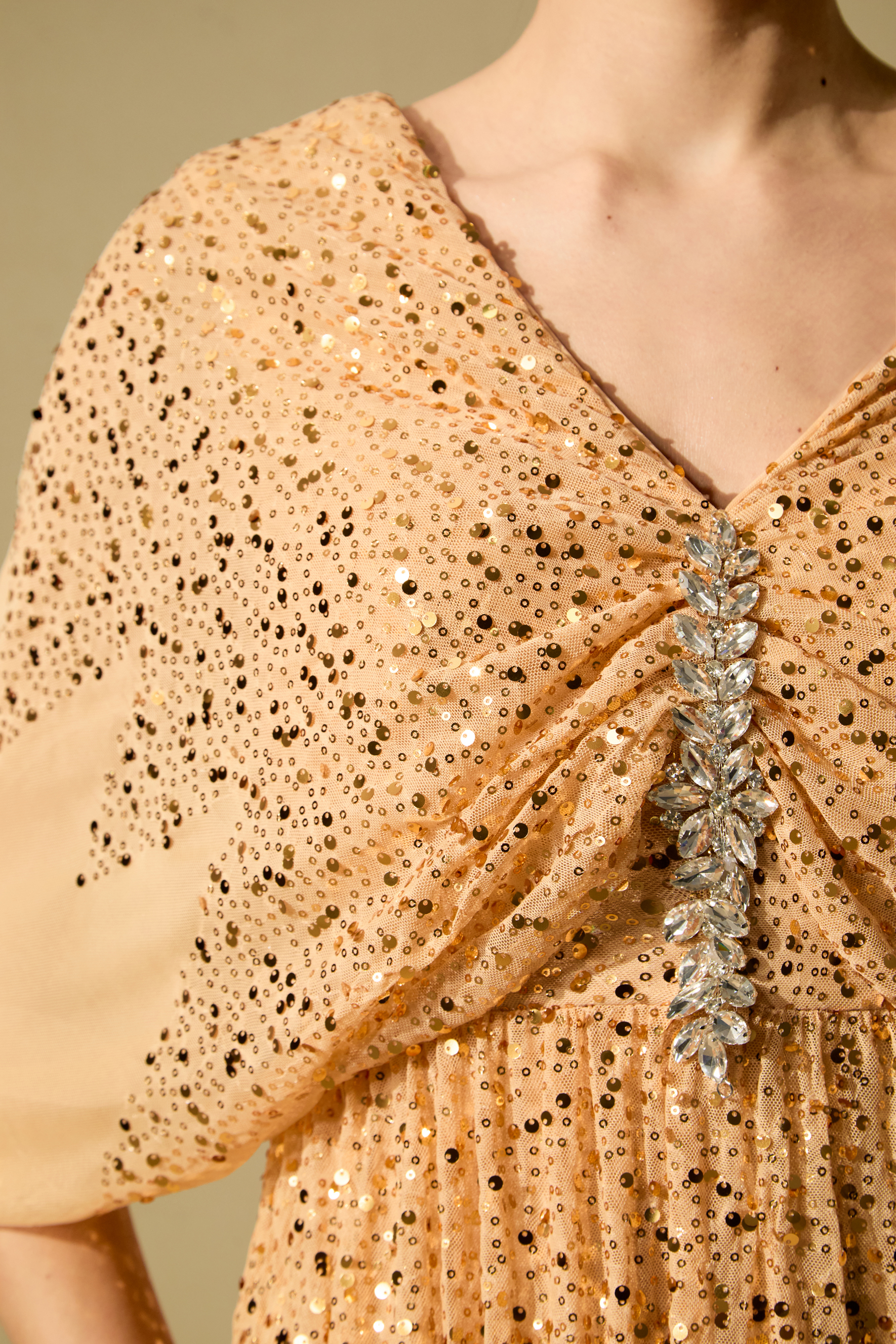 Evening Of Wonder Champagne Gold Sequin Embellished V-Neck Maxi Dress