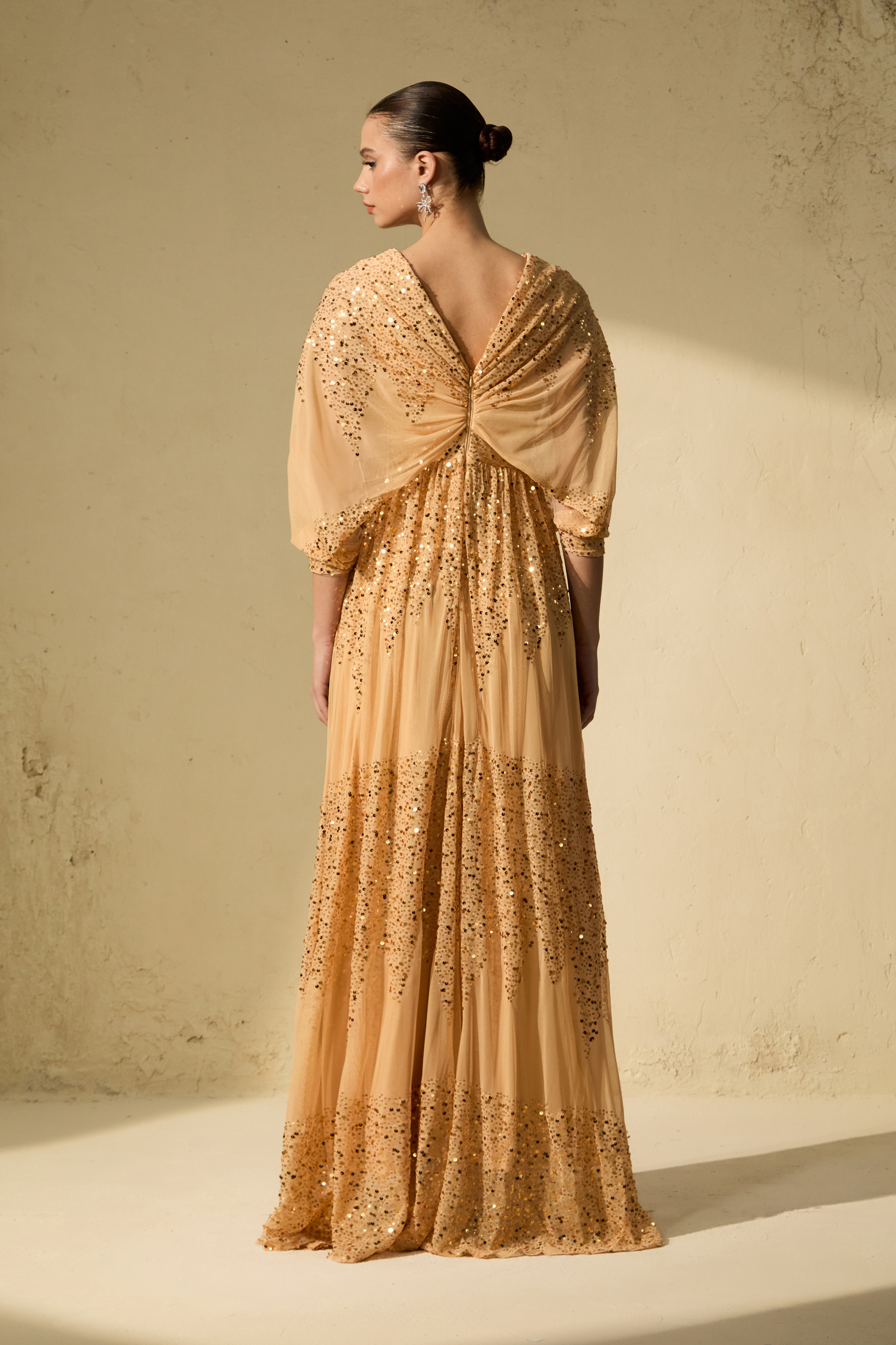 Evening Of Wonder Champagne Gold Sequin Embellished V-Neck Maxi Dress