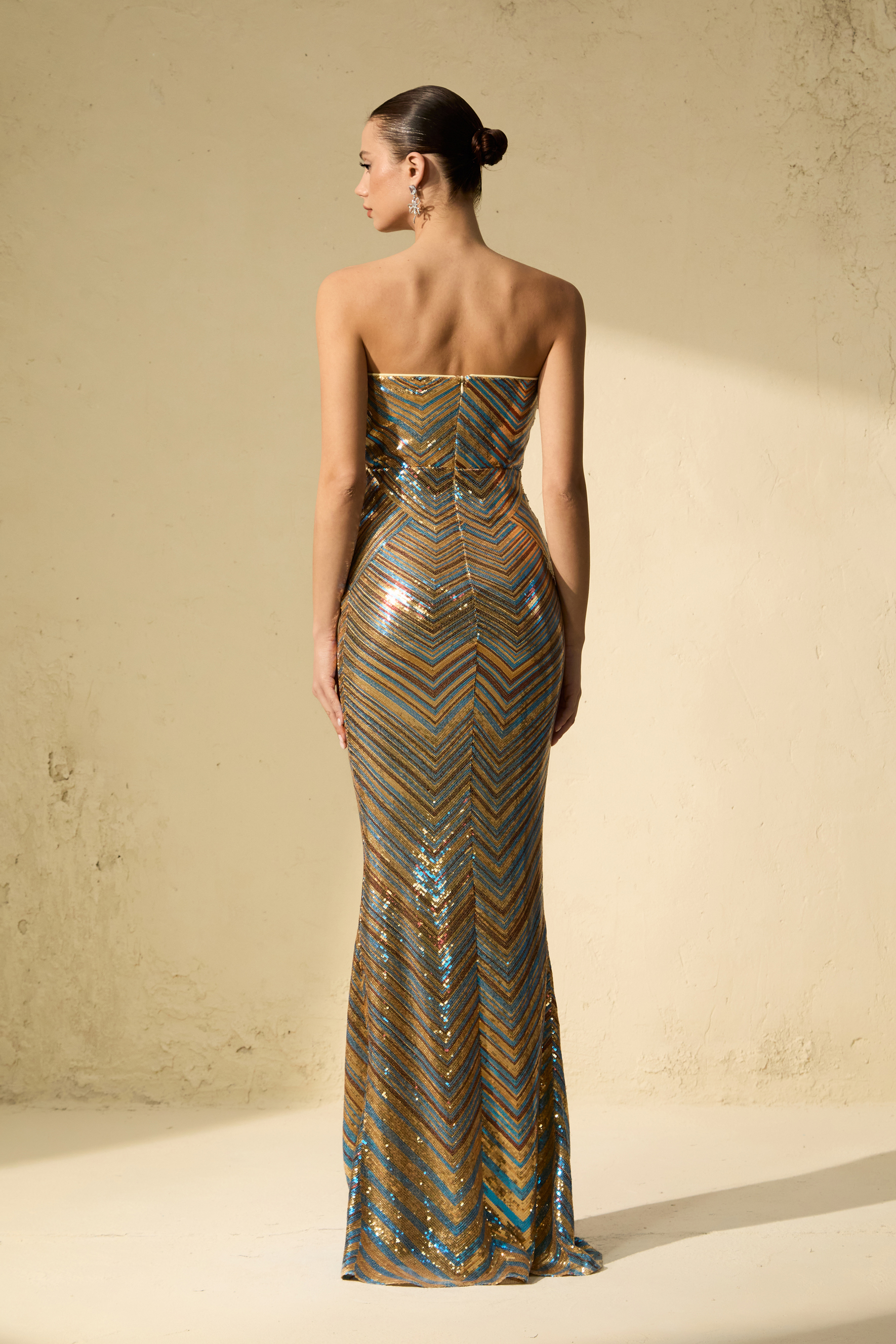 Sparkle In Her Soul Multi Chevron Sequin Strapless Maxi Dress