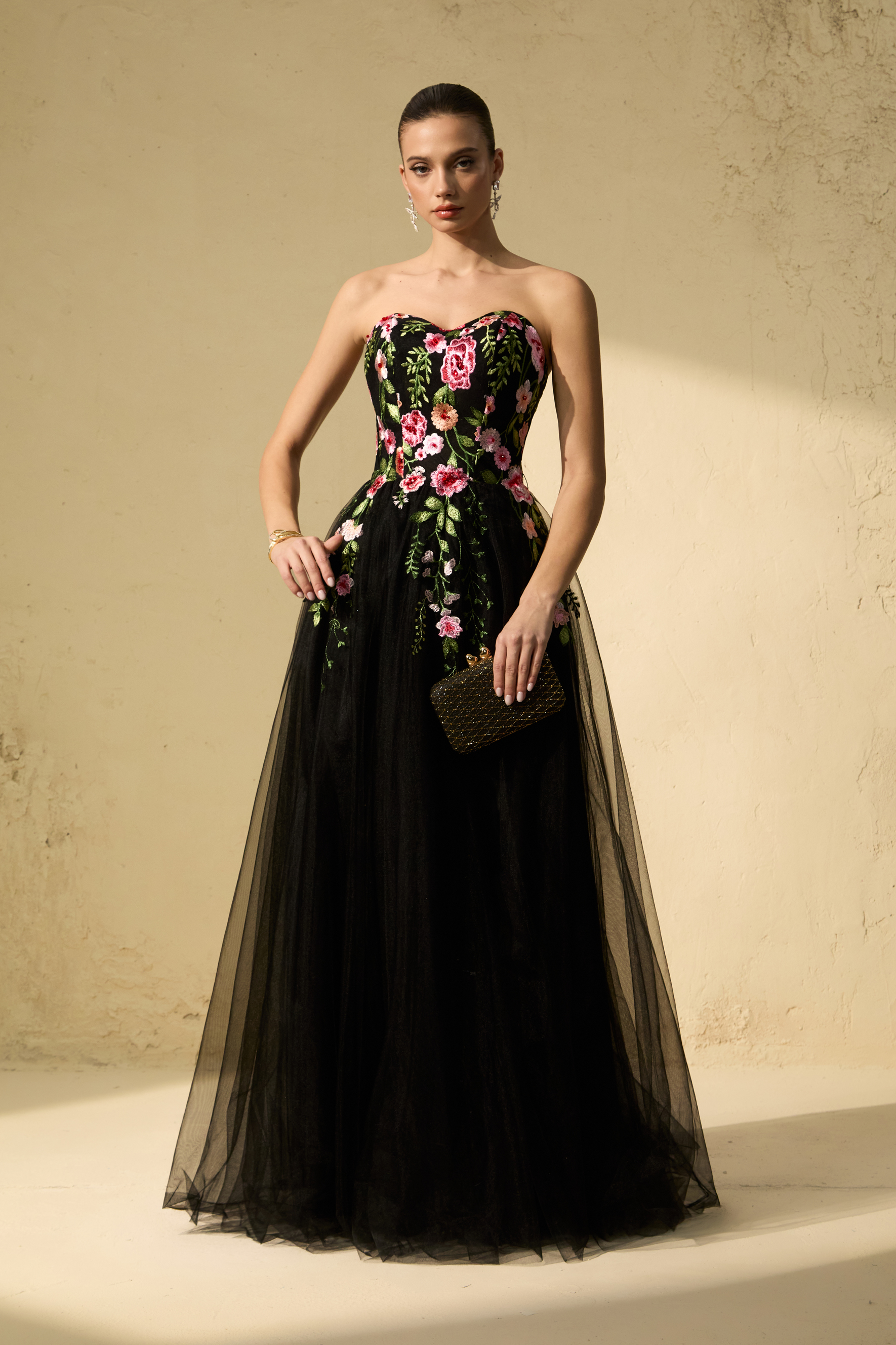 Prestigious Events Black Floral Embroidered Strapless Tulle Maxi Dress
