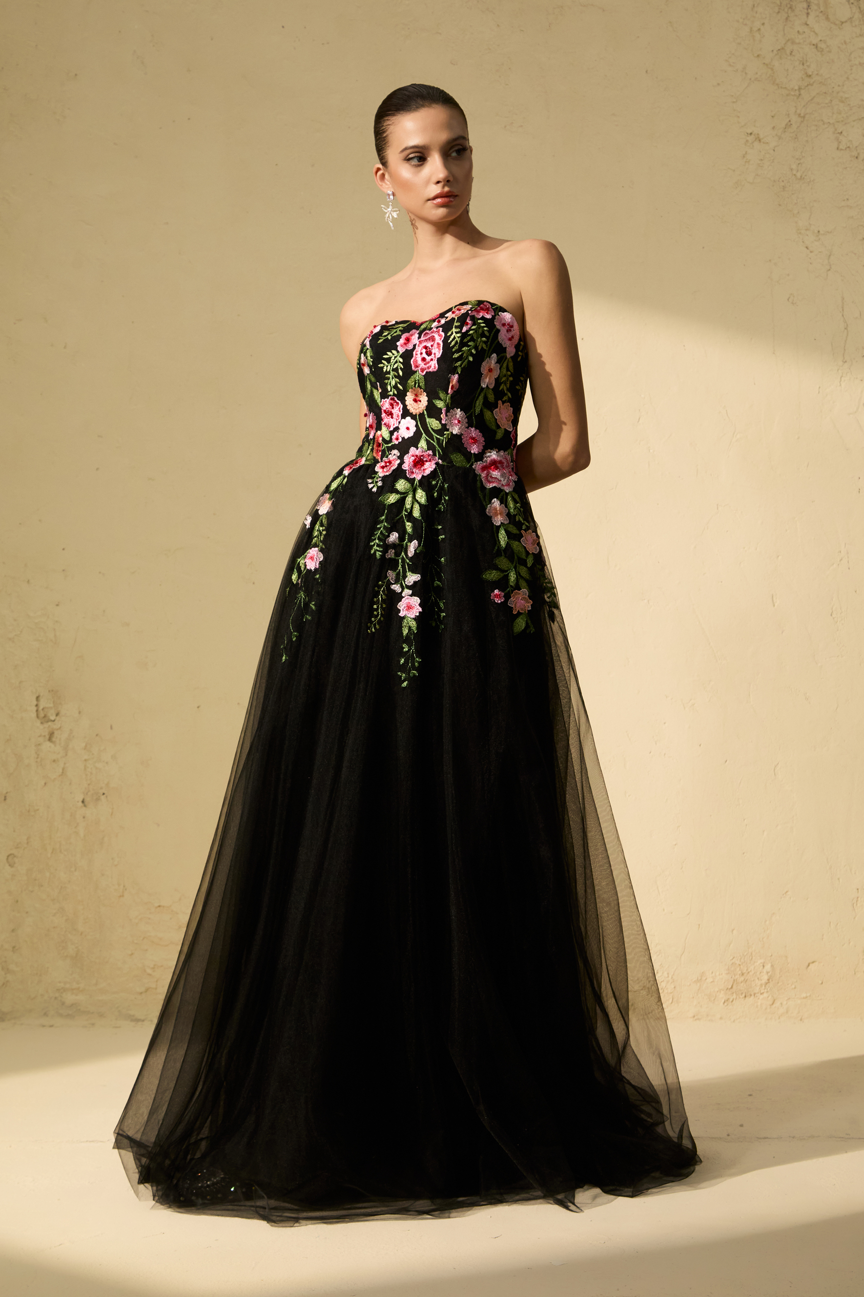 Prestigious Events Black Floral Embroidered Strapless Tulle Maxi Dress