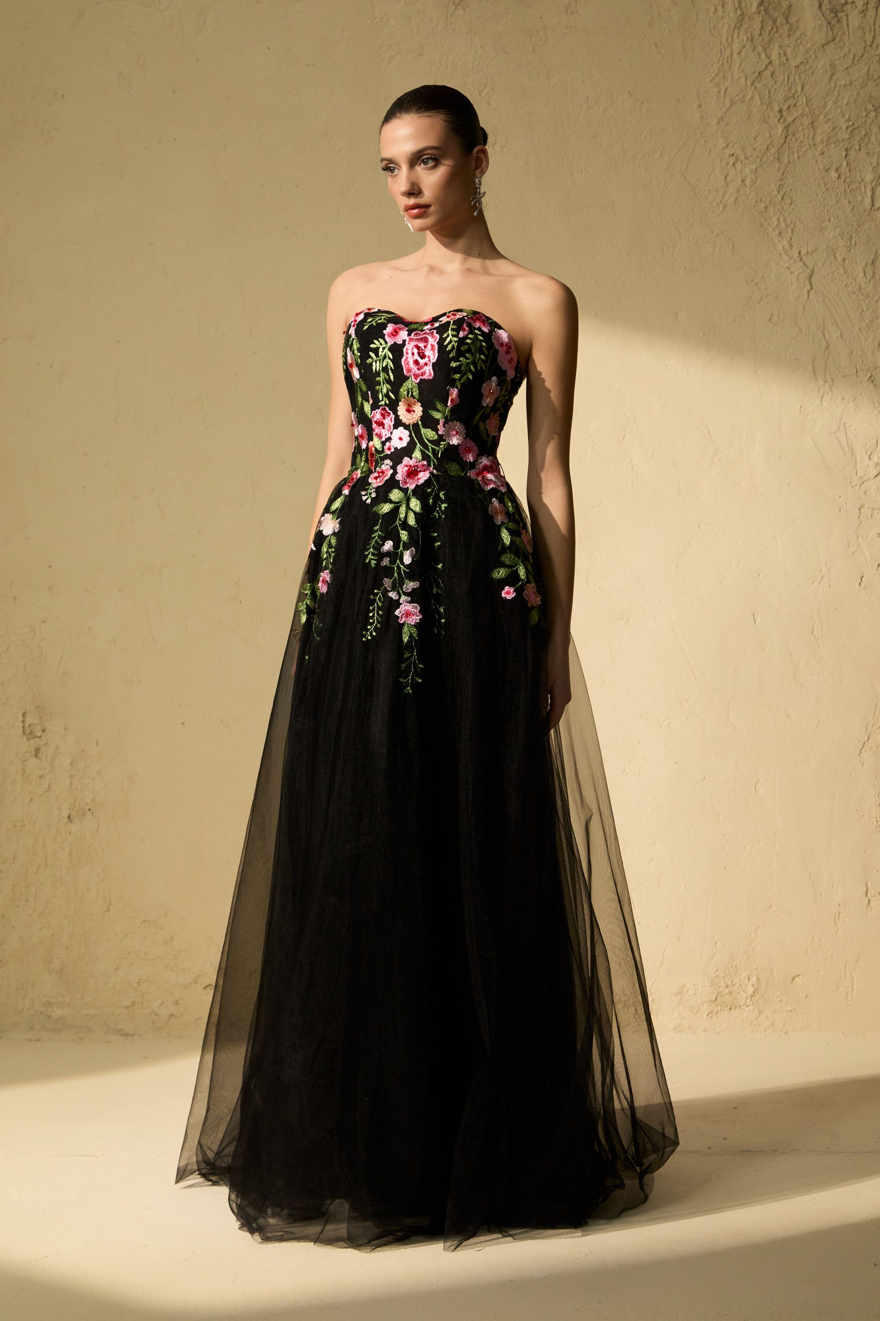 Prestigious Events Black Floral Embroidered Strapless Tulle Maxi Dress