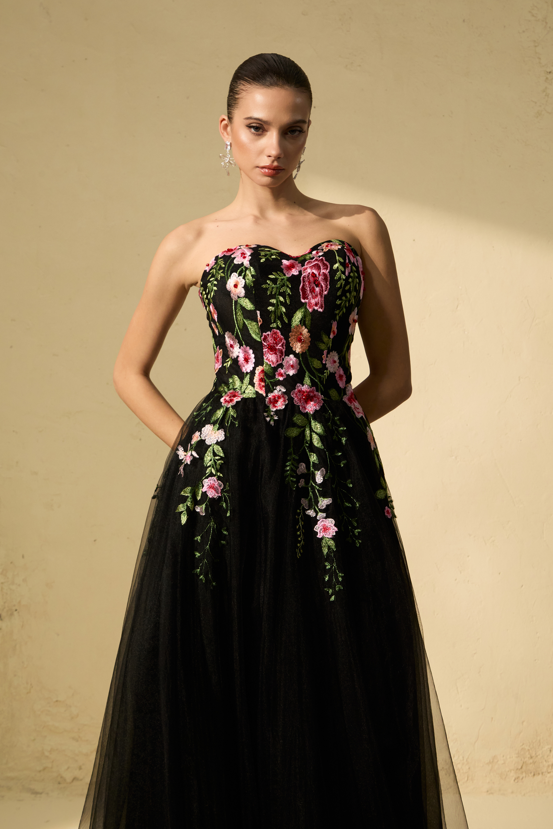 Prestigious Events Black Floral Embroidered Strapless Tulle Maxi Dress