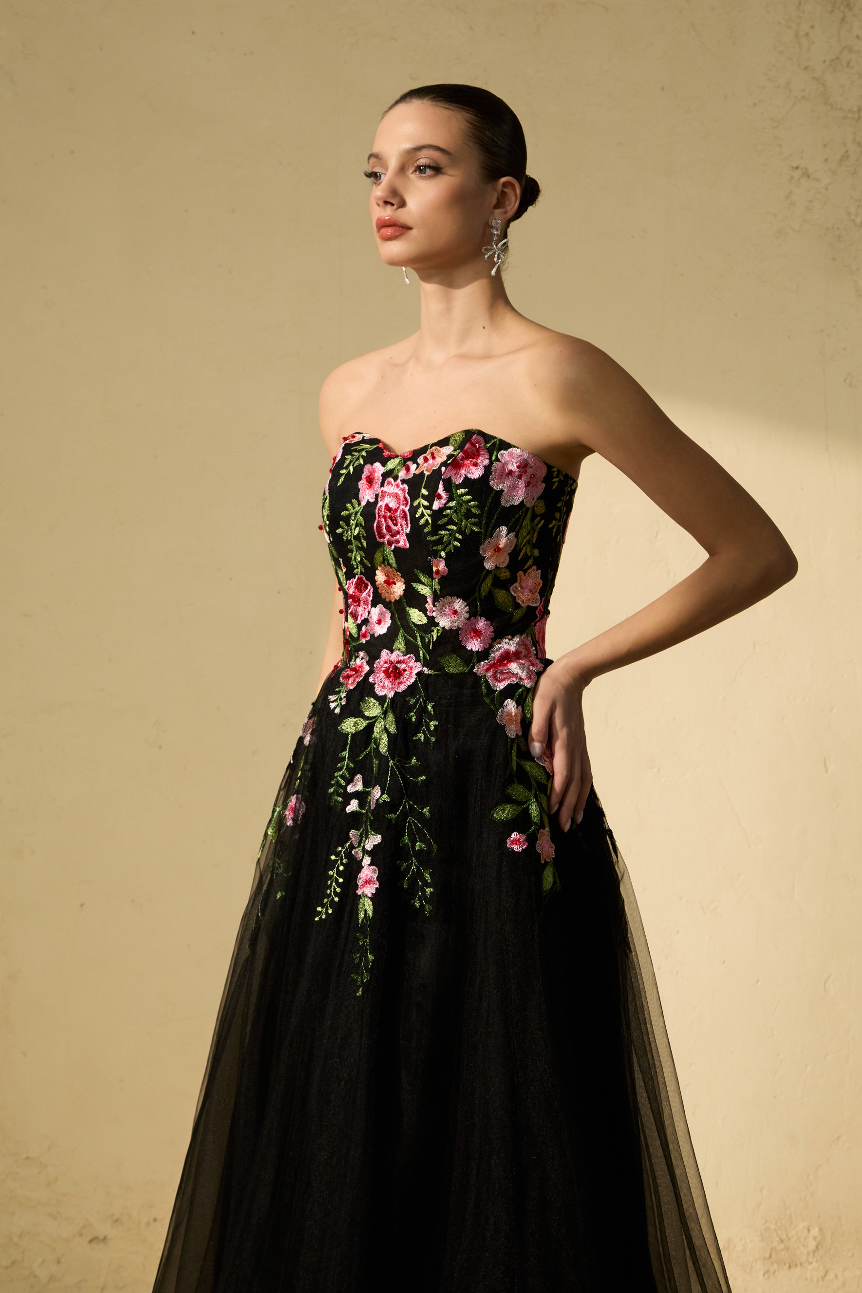 Prestigious Events Black Floral Embroidered Strapless Tulle Maxi Dress