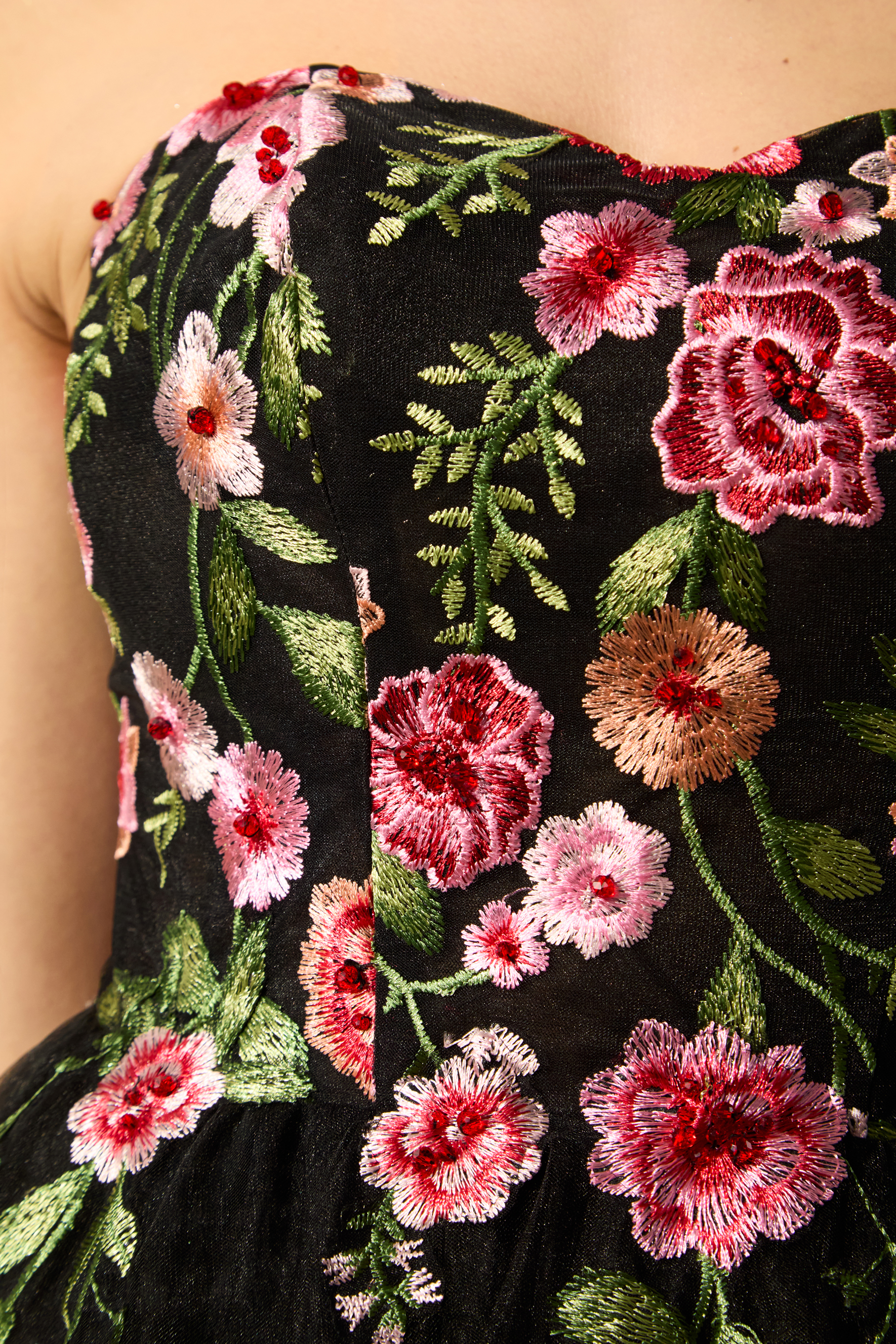 Prestigious Events Black Floral Embroidered Strapless Tulle Maxi Dress