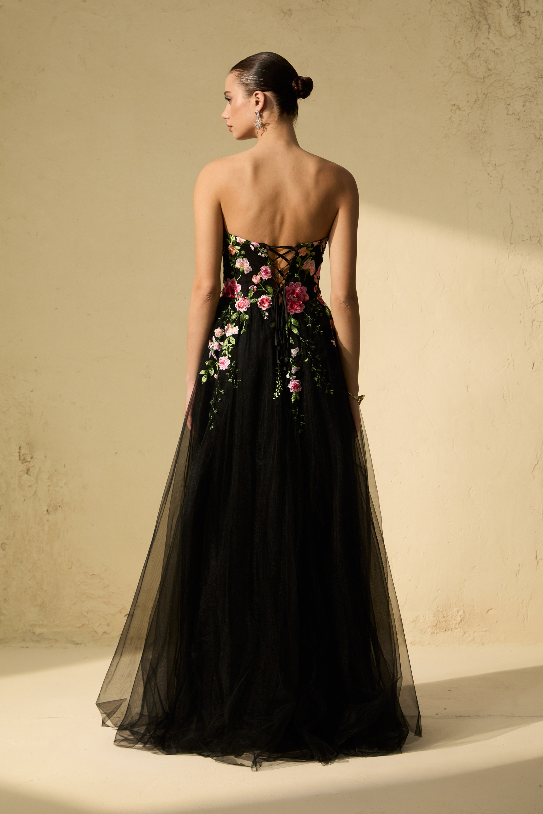 Prestigious Events Black Floral Embroidered Strapless Tulle Maxi Dress