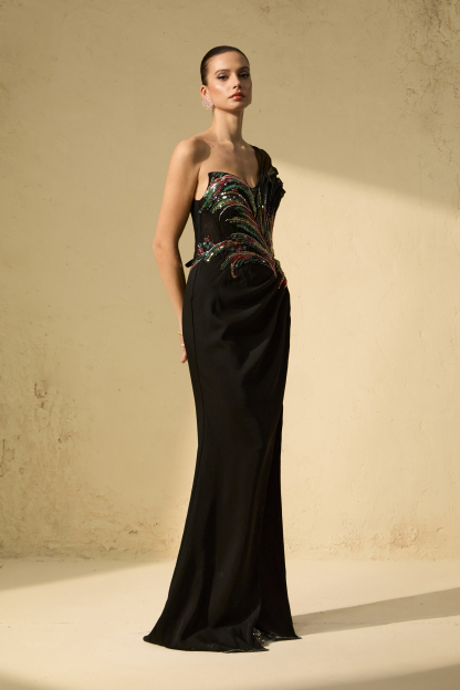 Classy Nights Black One Shoulder Embellished Maxi Dress