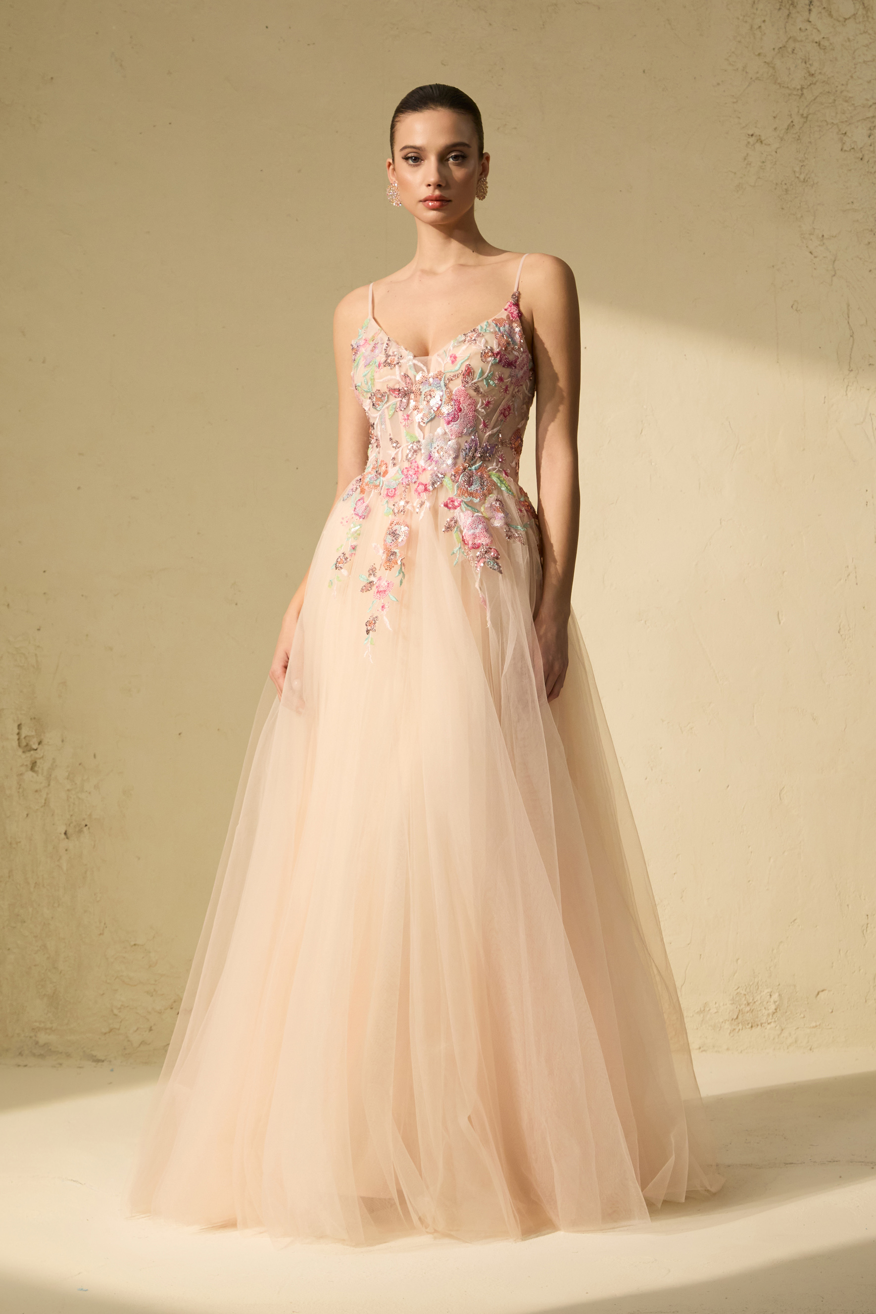Stunning Example Pink Floral Embroidered Tulle Maxi Dress