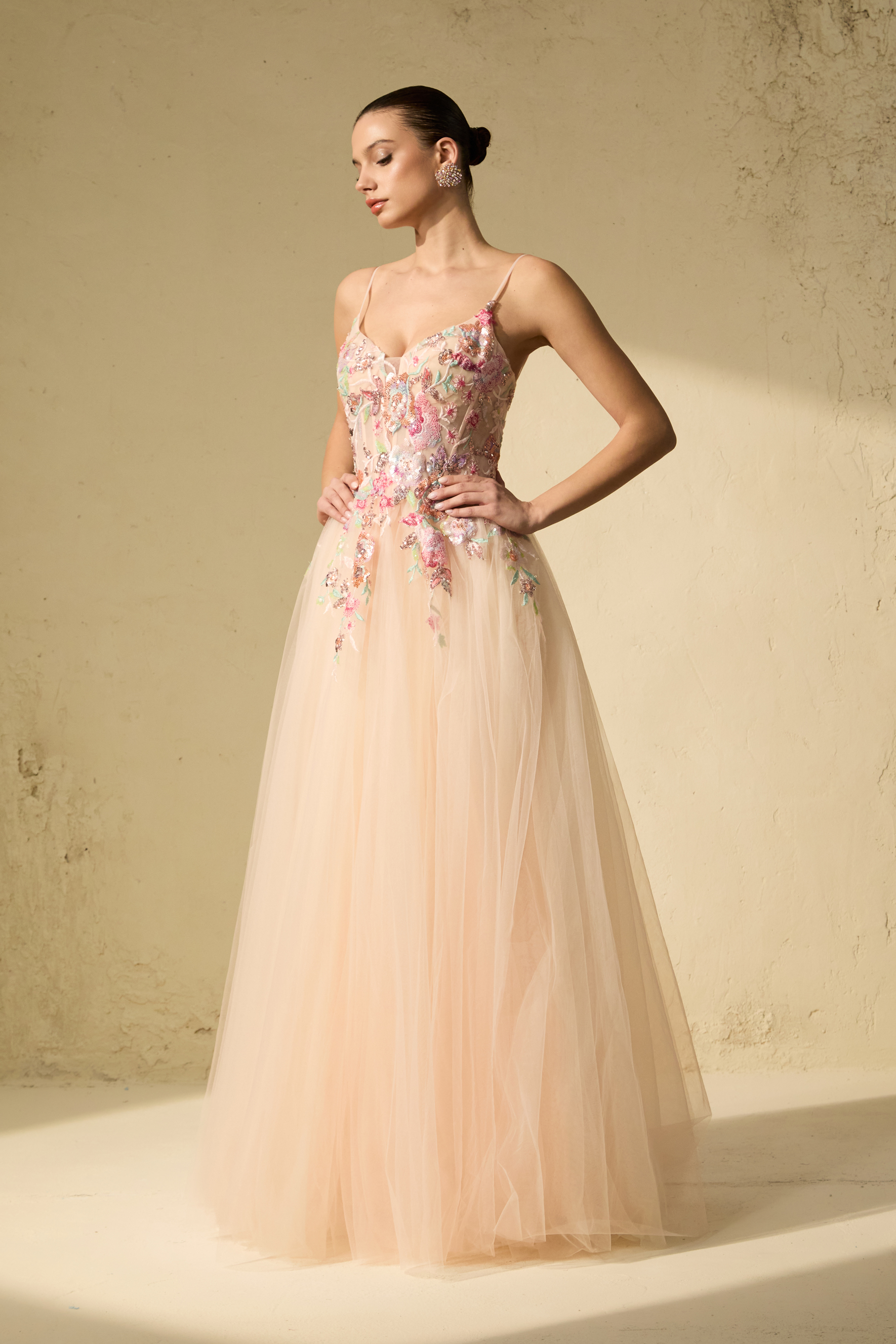 Stunning Example Pink Floral Embroidered Tulle Maxi Dress