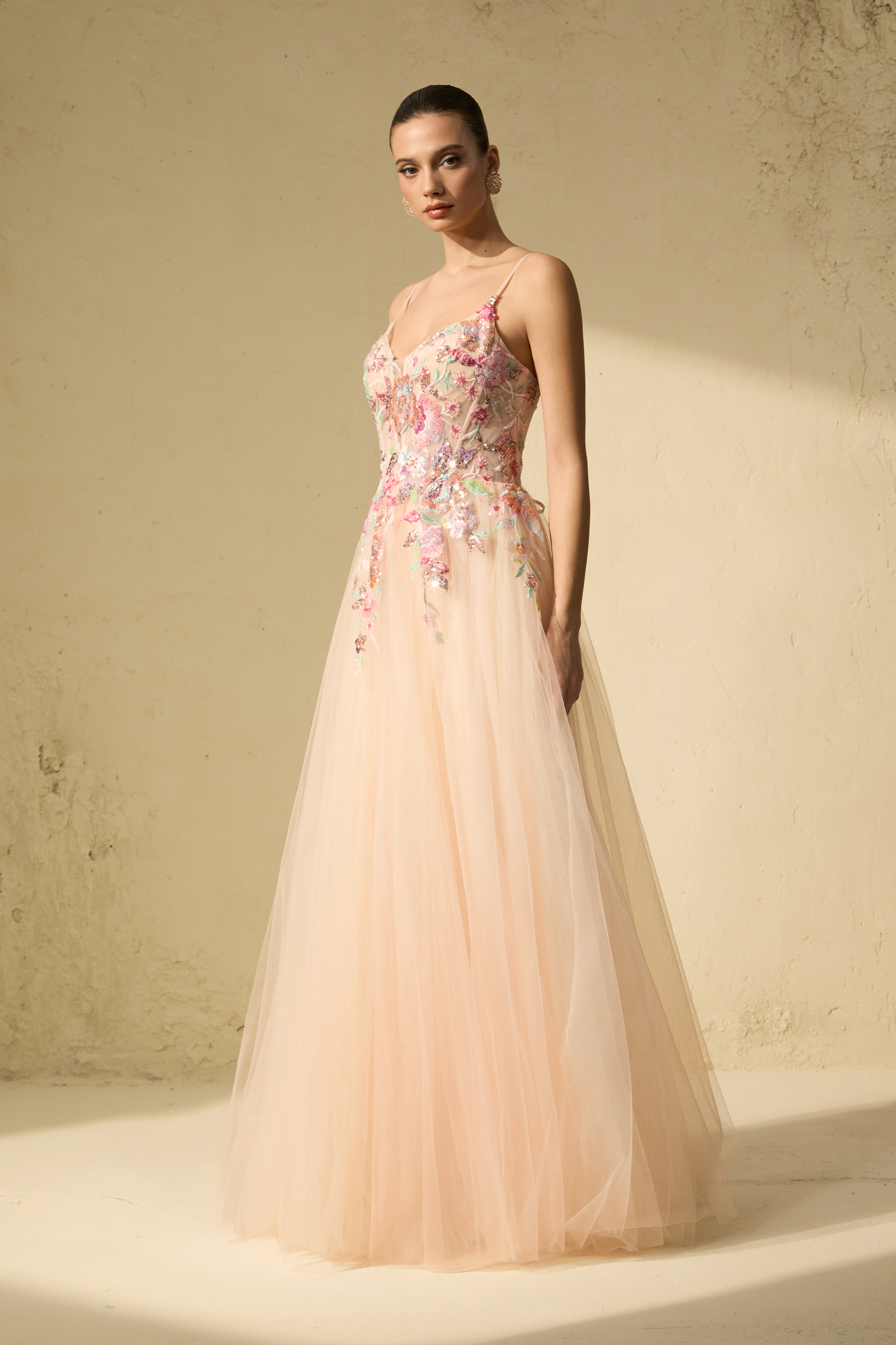 Stunning Example Pink Floral Embroidered Tulle Maxi Dress
