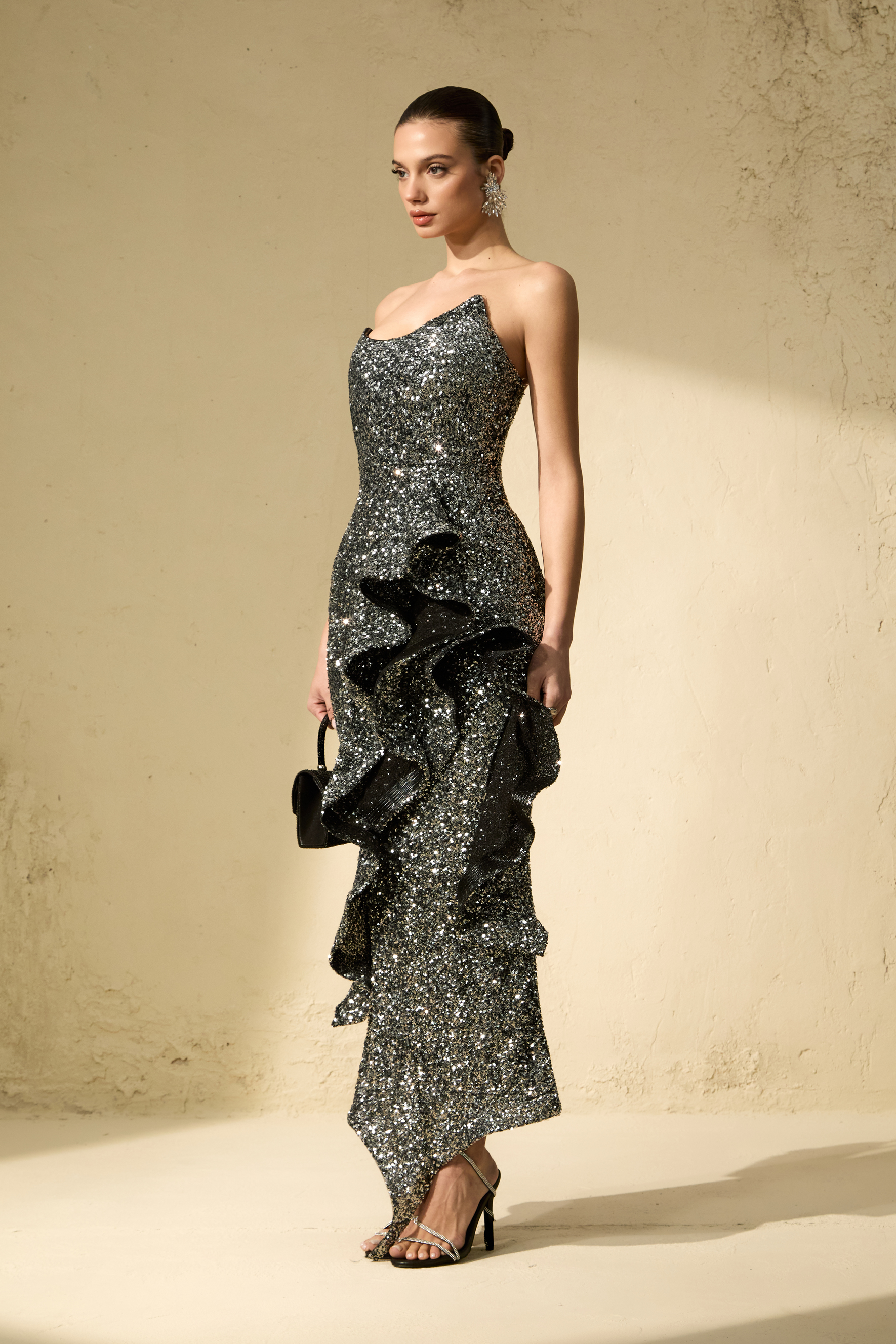 Flawless Sparkle Silver Sequin Asymmetric Ruffle Maxi Dress