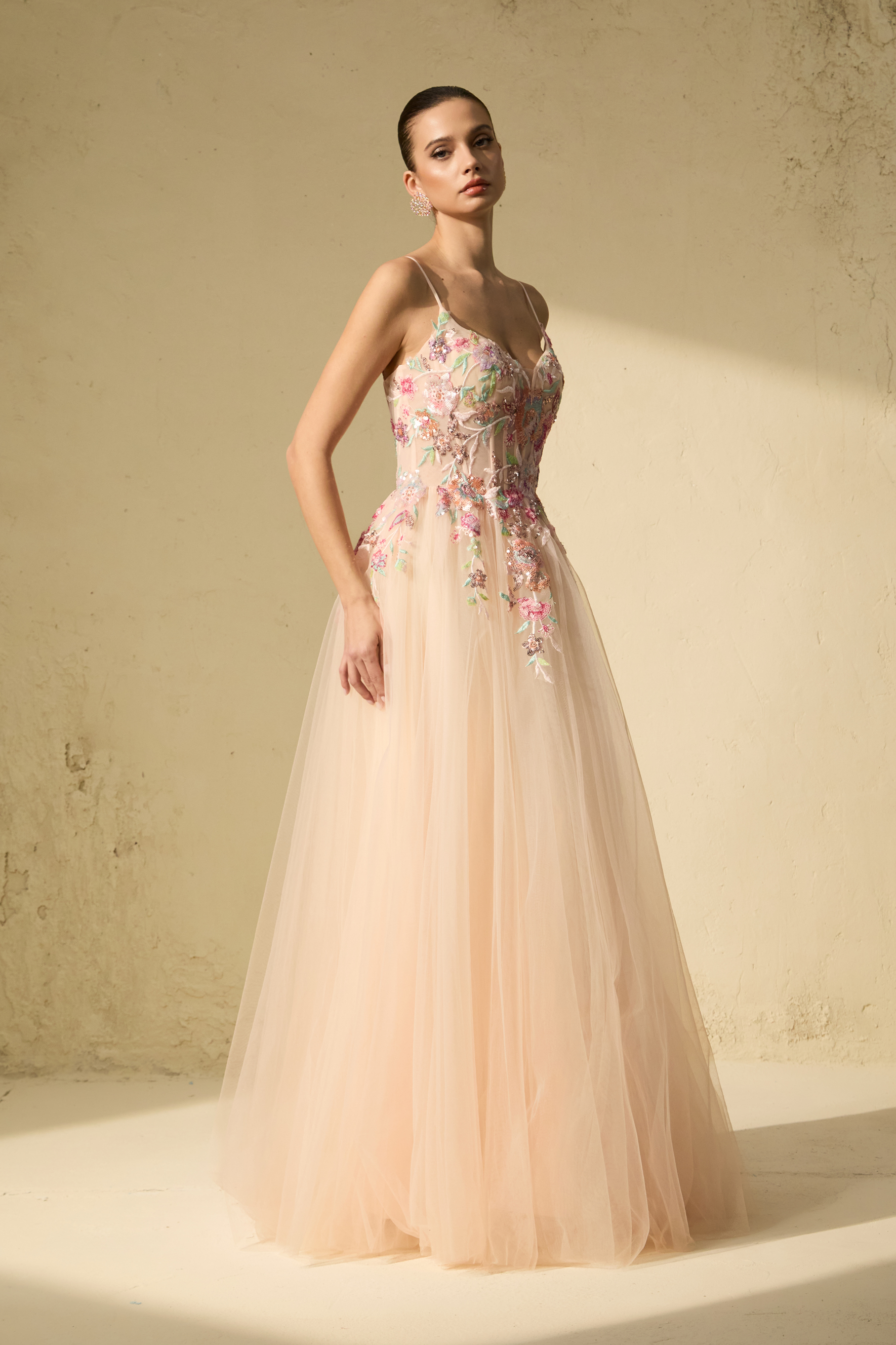 Stunning Example Pink Floral Embroidered Tulle Maxi Dress