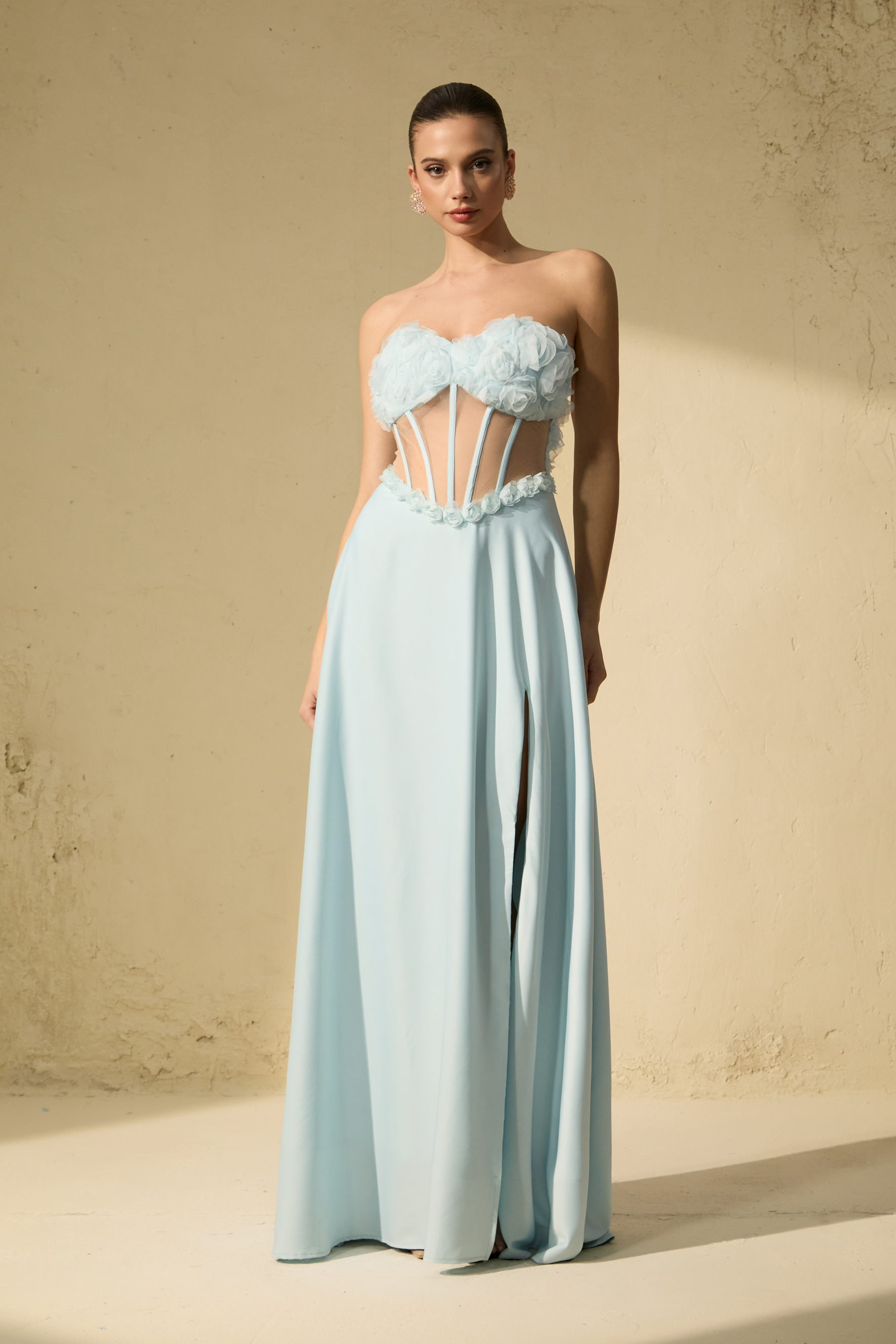 Never-Ending Glamour Blue Floral Applique Corset Maxi Dress