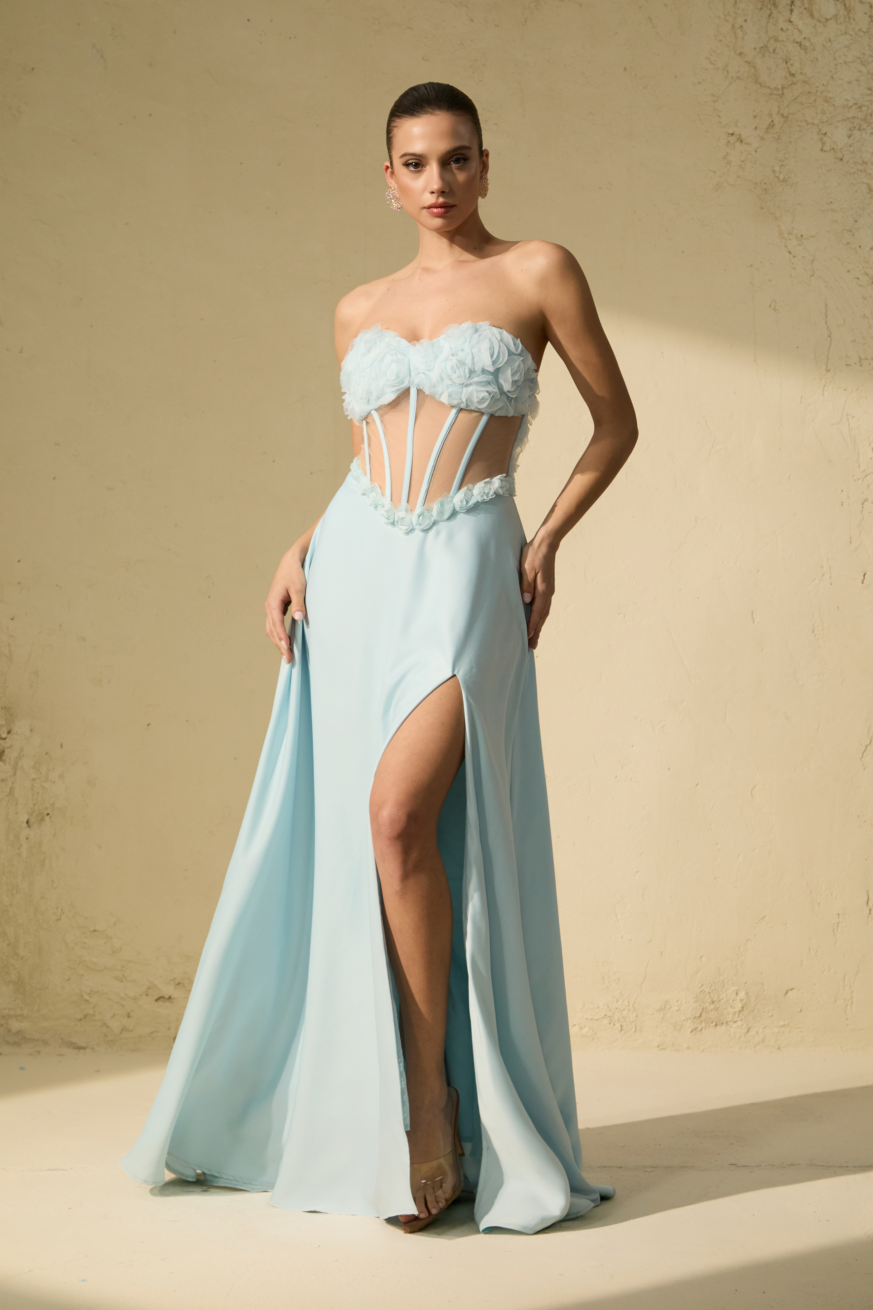 Never-Ending Glamour Blue Floral Applique Corset Maxi Dress