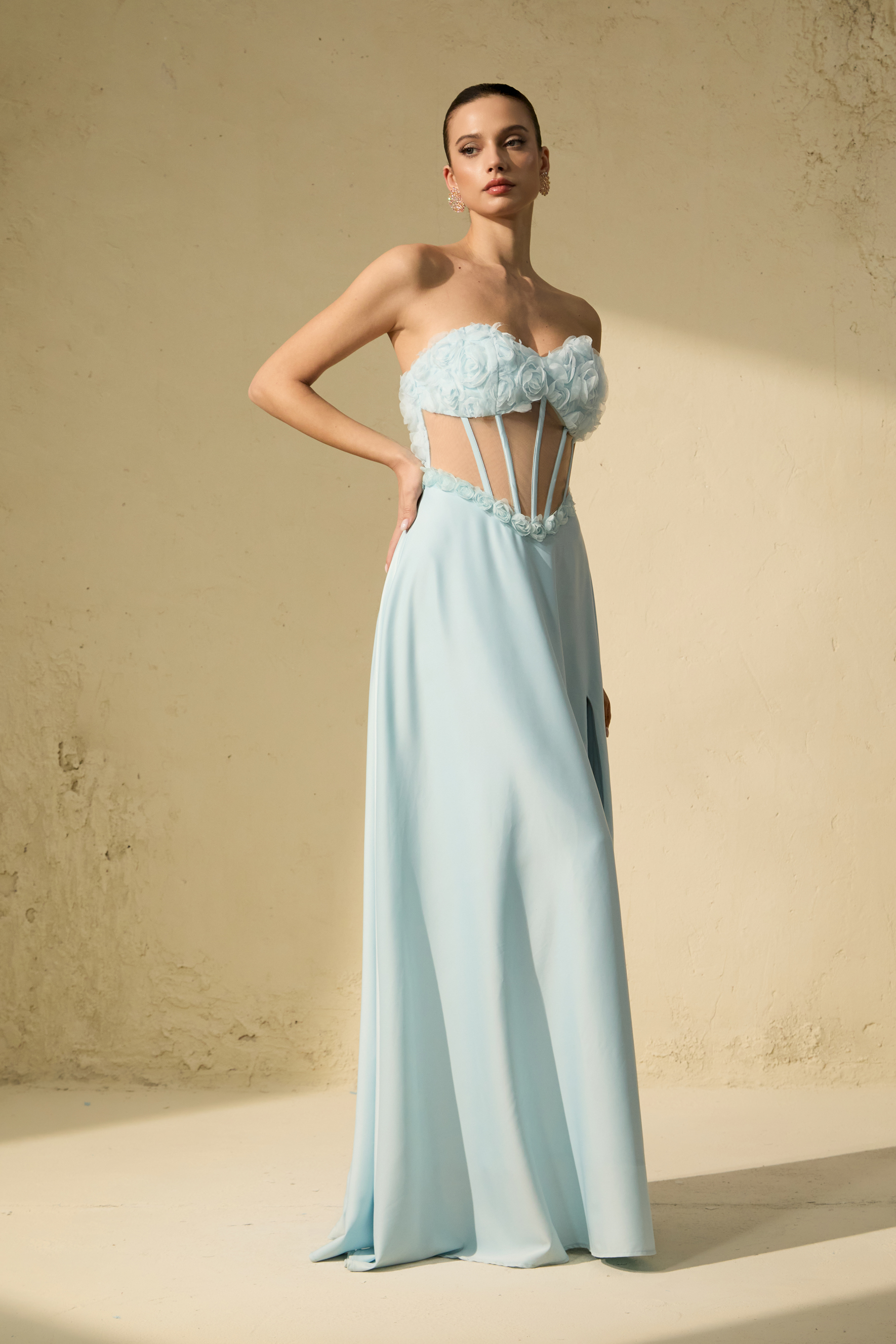 Never-Ending Glamour Blue Floral Applique Corset Maxi Dress