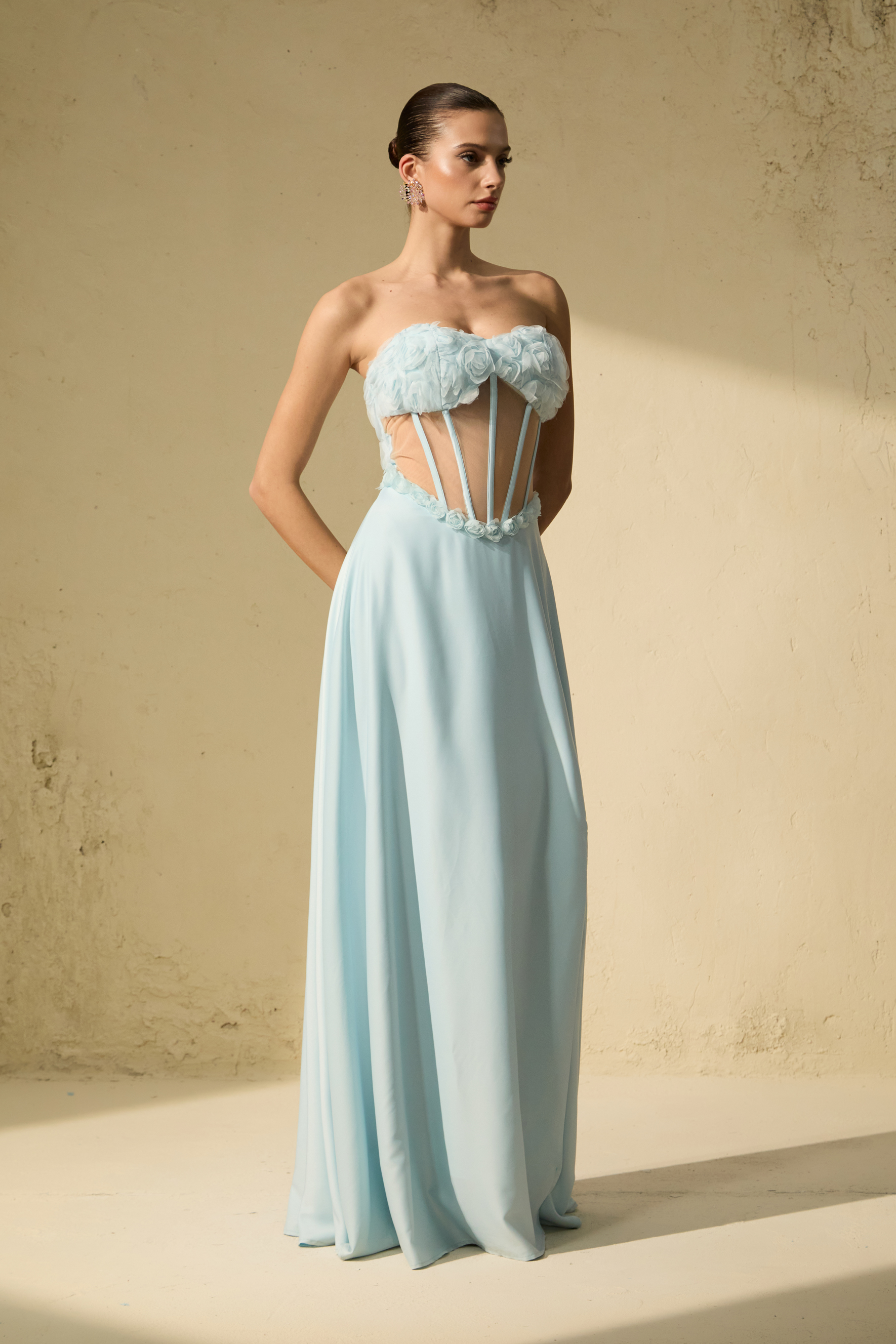 Never-Ending Glamour Blue Floral Applique Corset Maxi Dress