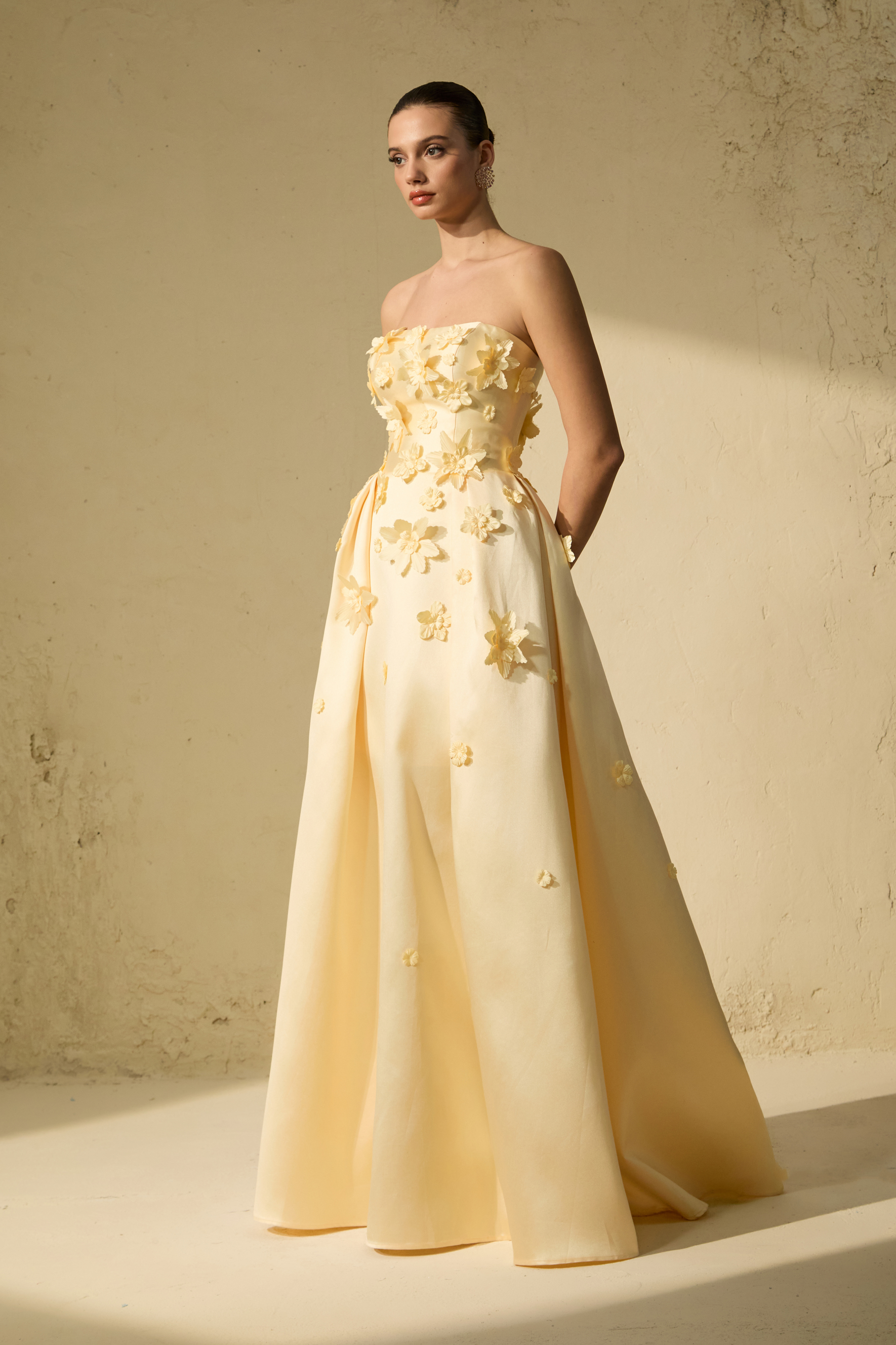 Glittering Icon Yellow Floral Applique Strapless Maxi Dress